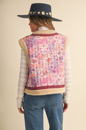 Patchwork Picnic Floral Print Sherpa Vest in Pink Patchwork, photo 4