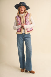 Patchwork Picnic Floral Print Sherpa Vest in Pink Patchwork, photo 6