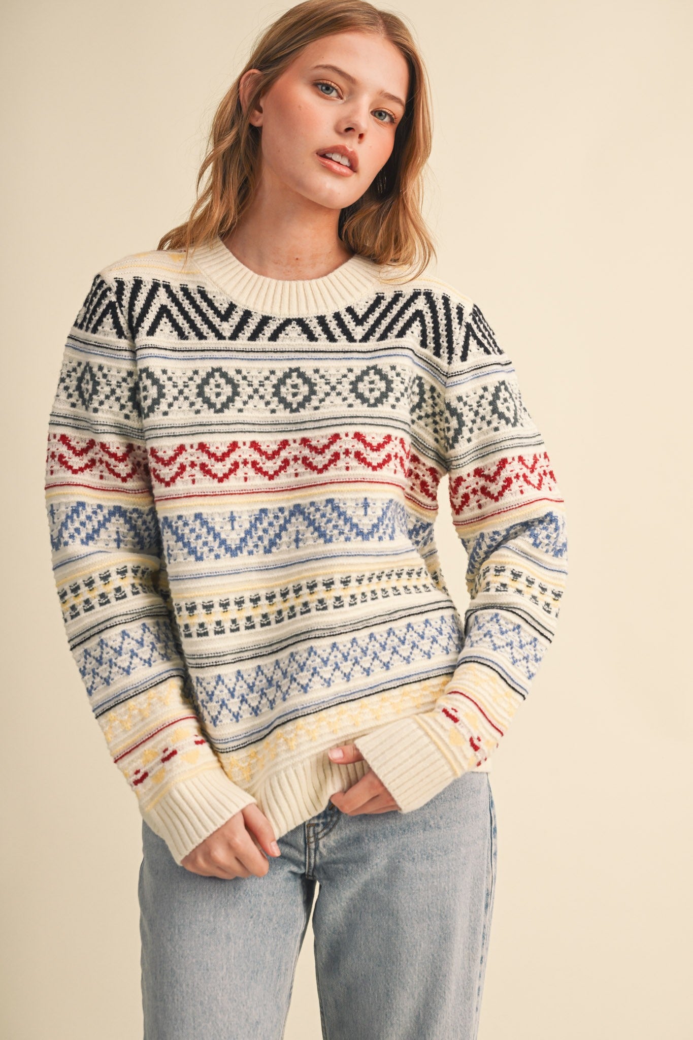 Pattern Journal Geometric Knit Sweater in Off White - product photo 1