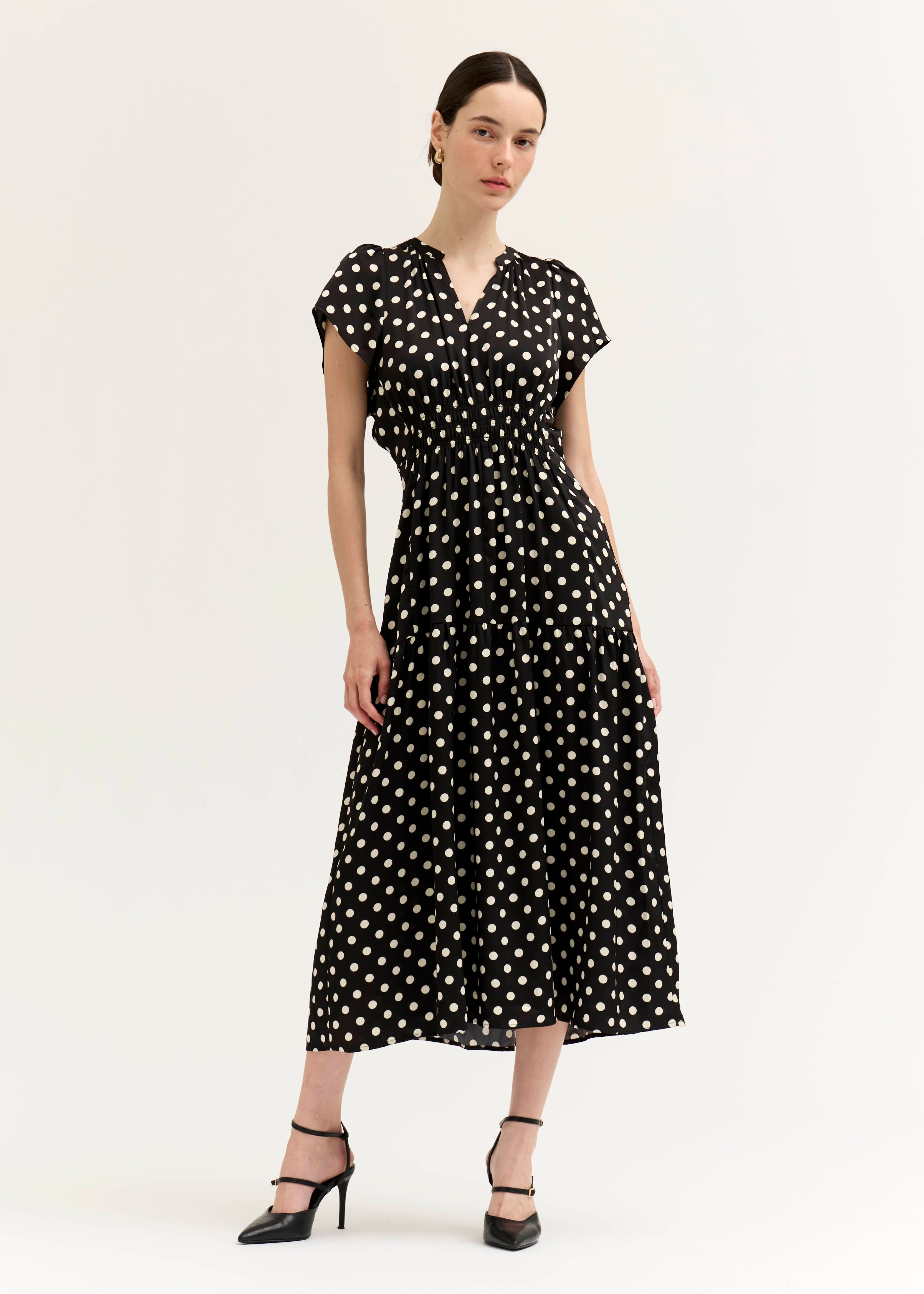 Patternday Ruffle Satin Midi Dress in Black Ivory, photo 2