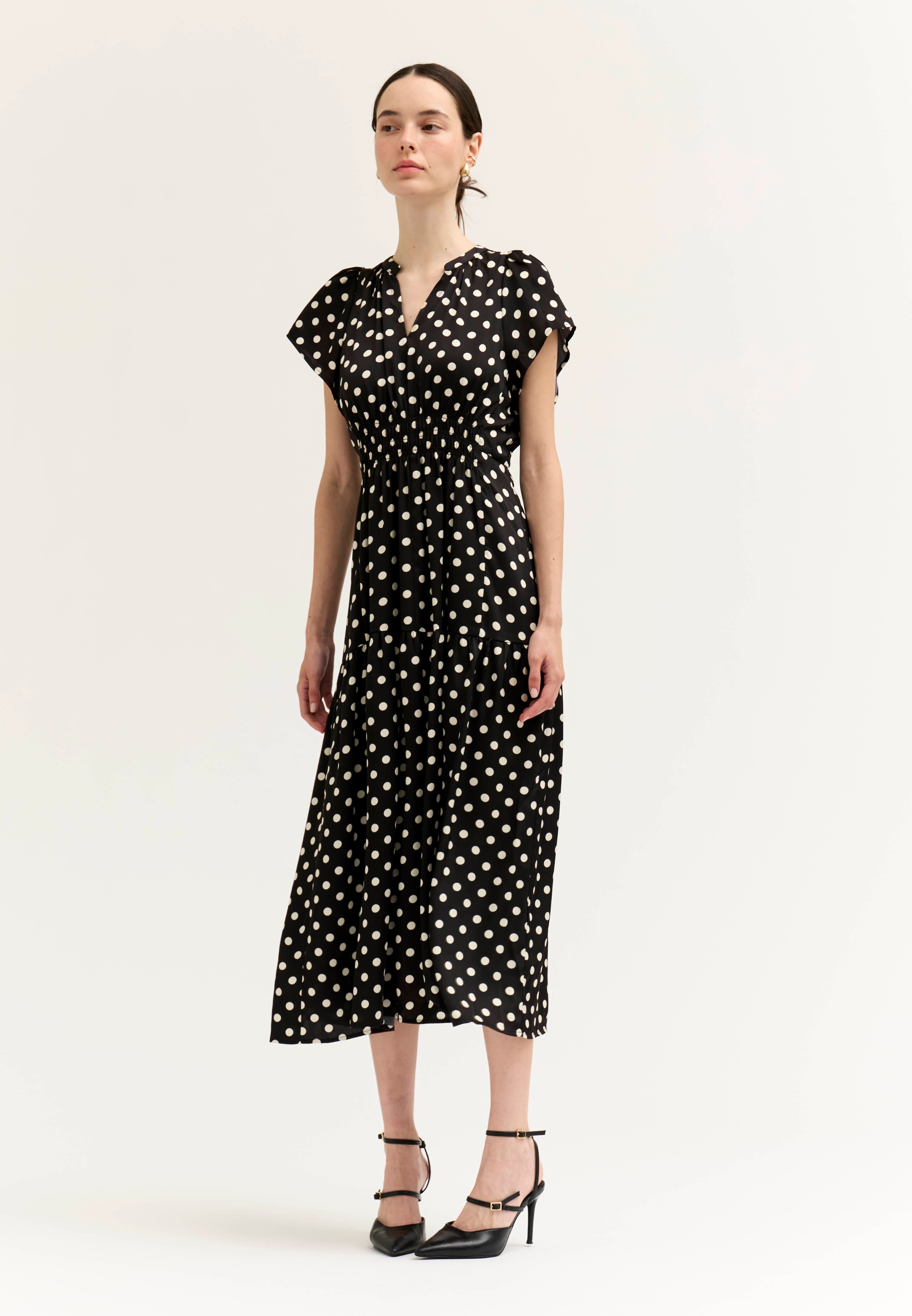 Patternday Ruffle Satin Midi Dress in Black Ivory, photo 4