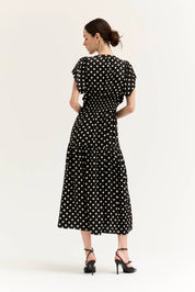 Patternday Ruffle Satin Midi Dress in Black Ivory, photo 6