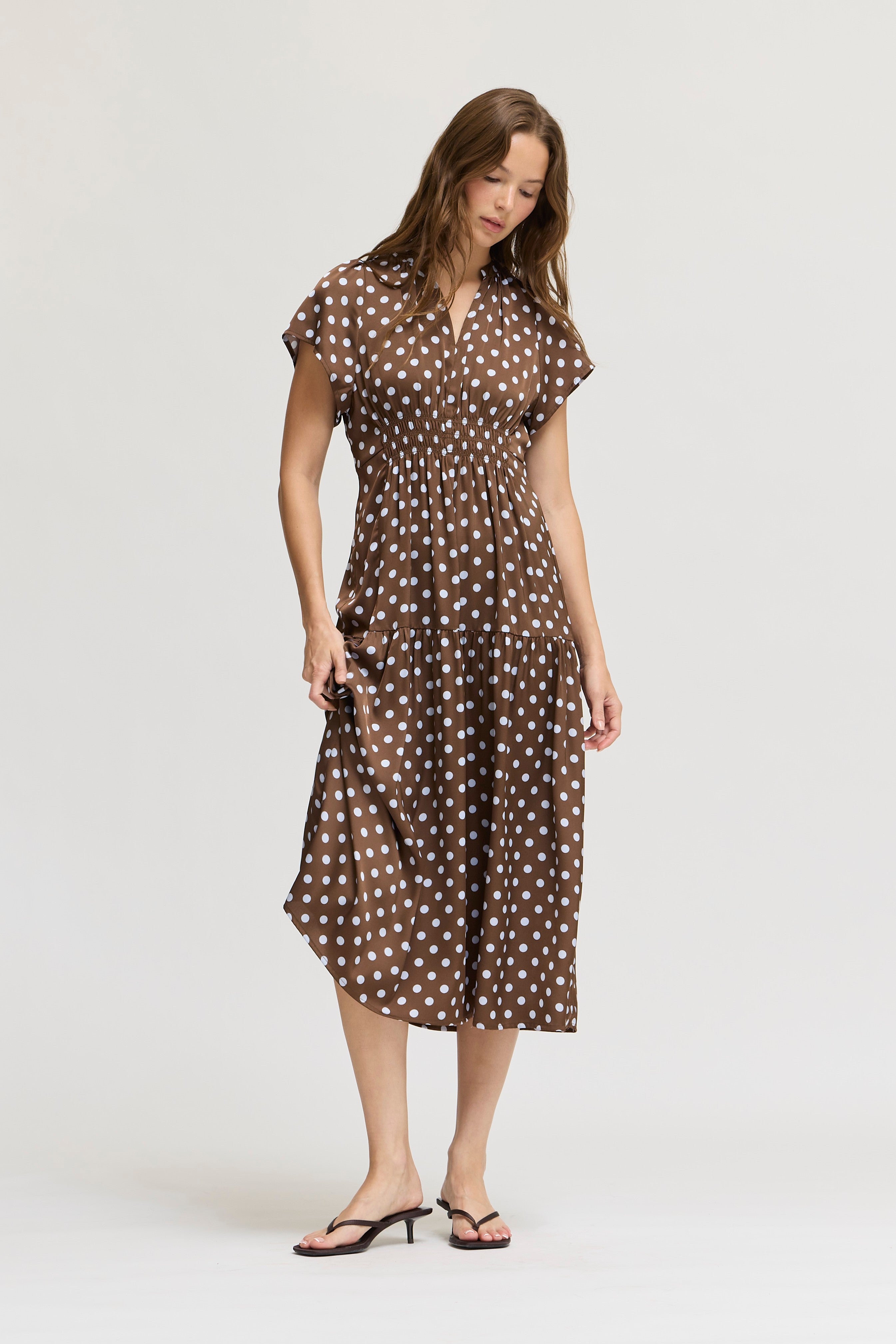 Patternday Ruffle Satin Midi Dress in Brown Blue, photo 1
