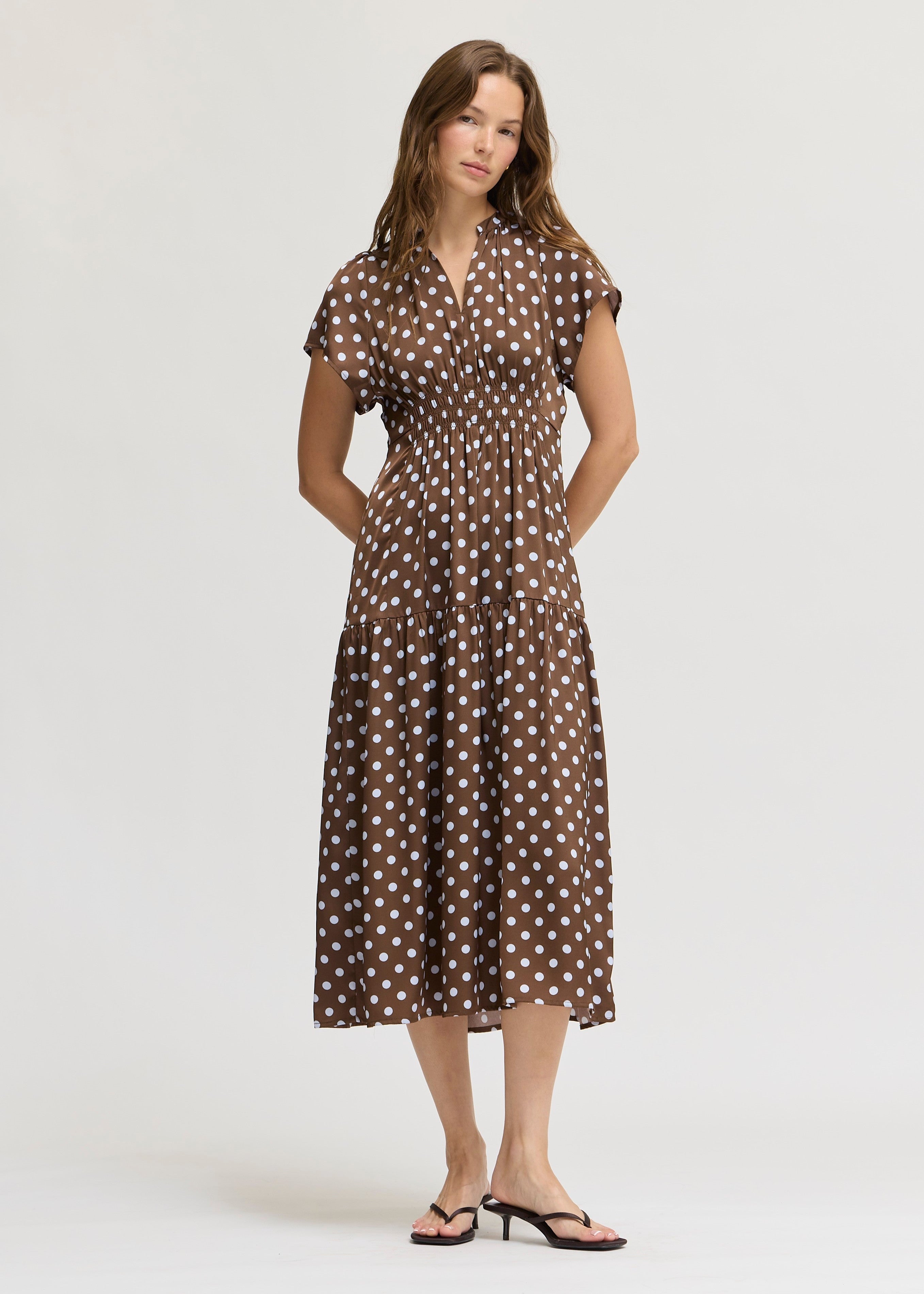 Patternday Ruffle Satin Midi Dress in Brown Blue, photo 3