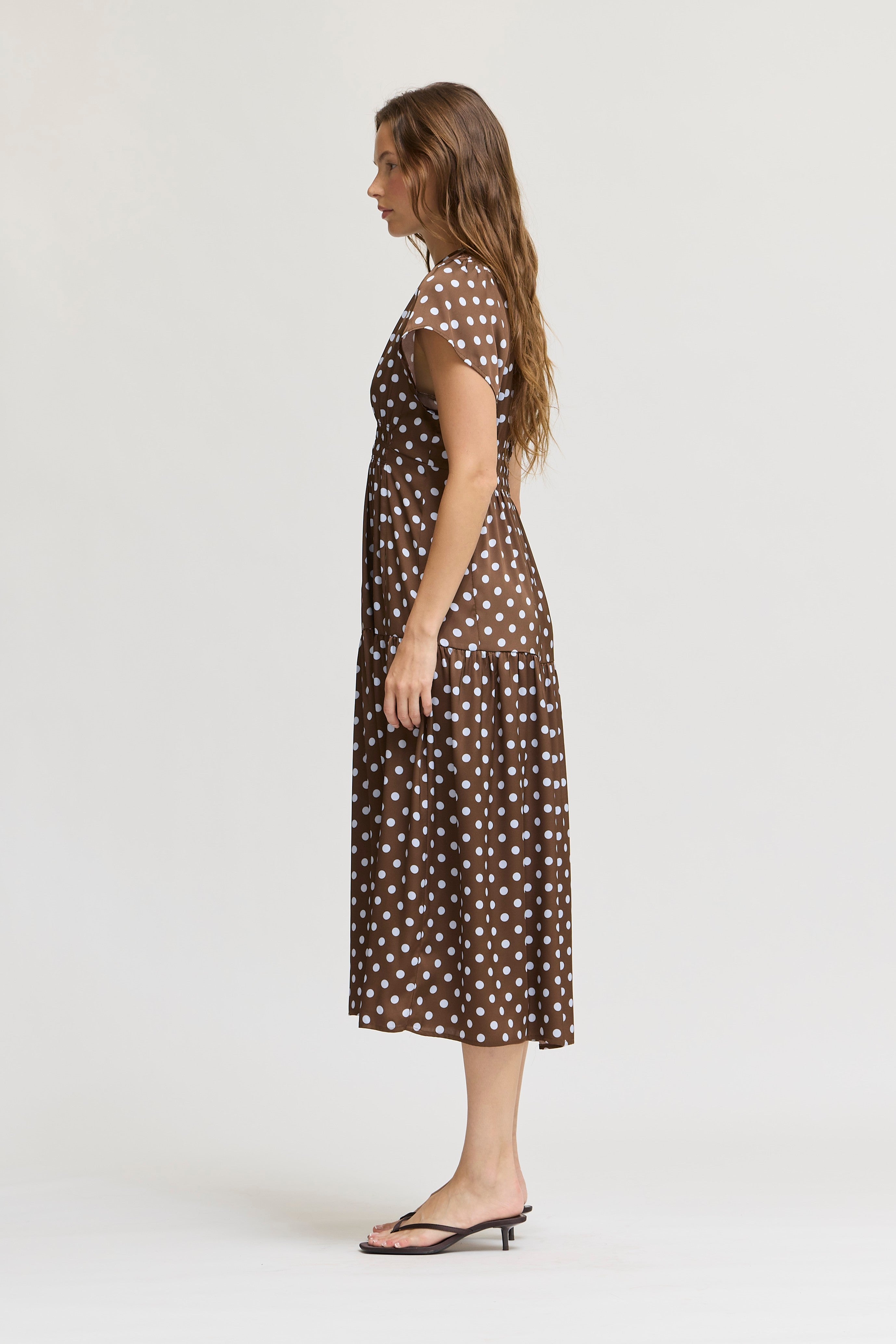Patternday Ruffle Satin Midi Dress in Brown Blue, photo 5