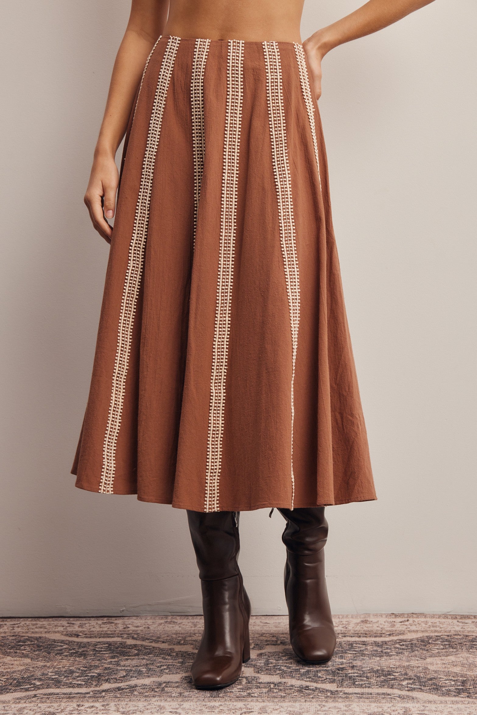 Peregrine Embroidered Stripe Midi Skirt in Brown, photo 1