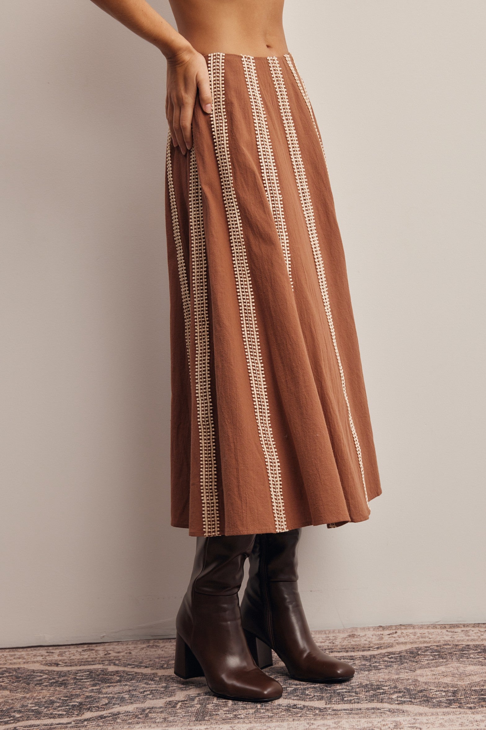Peregrine Embroidered Stripe Midi Skirt in Brown, photo 5