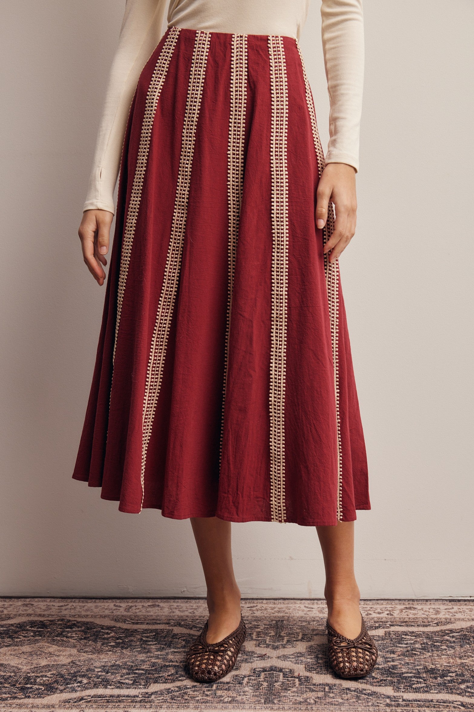 Peregrine Embroidered Stripe Midi Skirt in Burgundy, photo 1