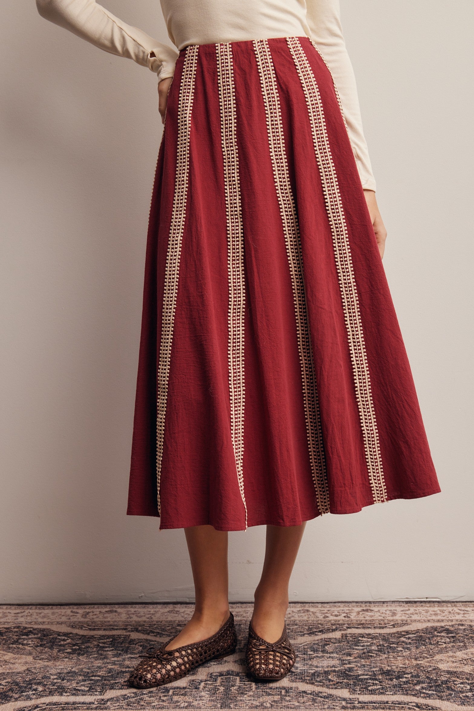 Peregrine Embroidered Stripe Midi Skirt in Burgundy, photo 2