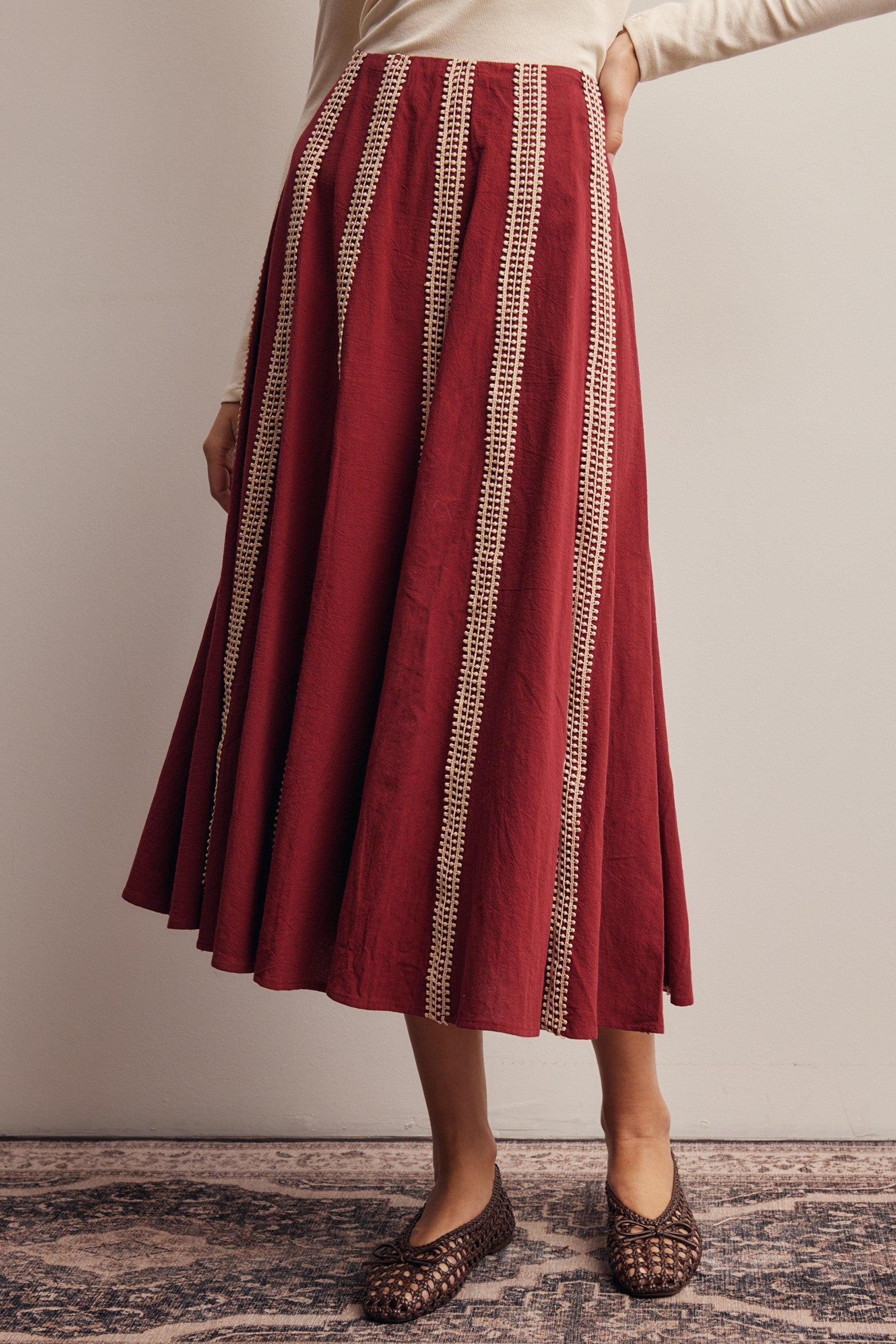 Peregrine Embroidered Stripe Midi Skirt in Burgundy, photo 3
