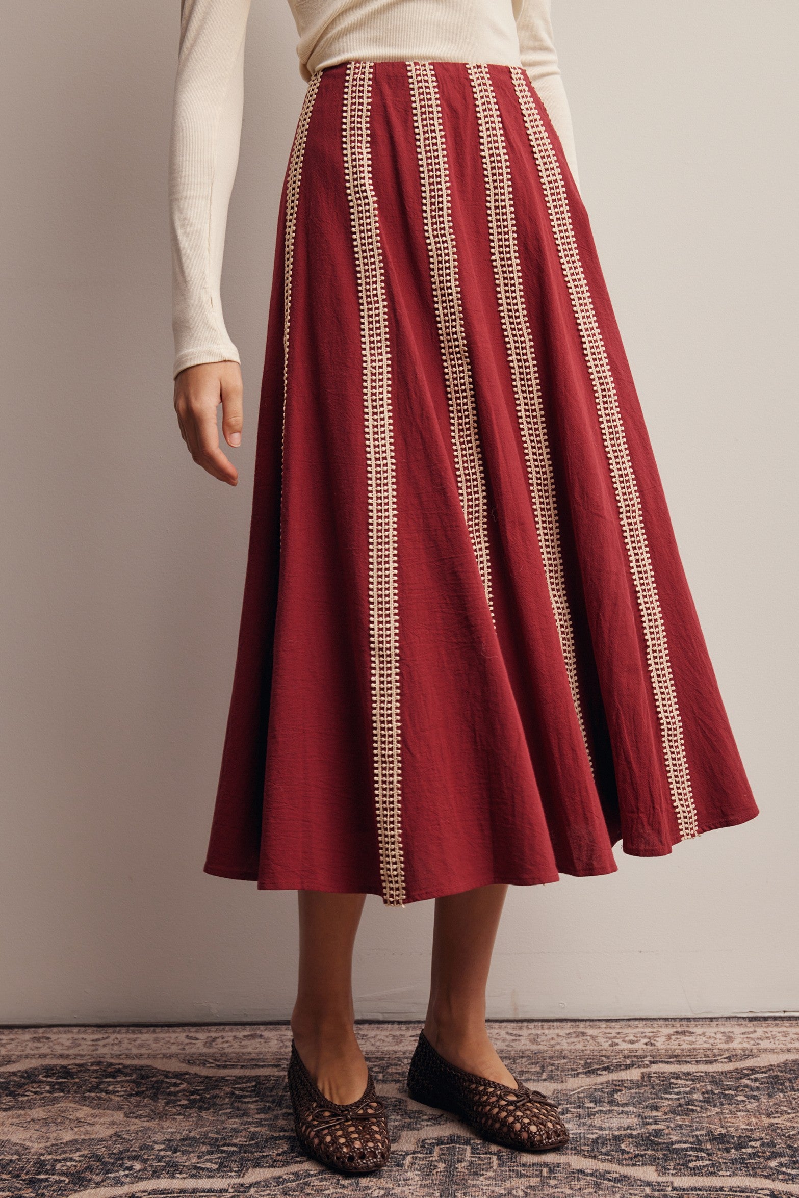 Peregrine Embroidered Stripe Midi Skirt in Burgundy, photo 4