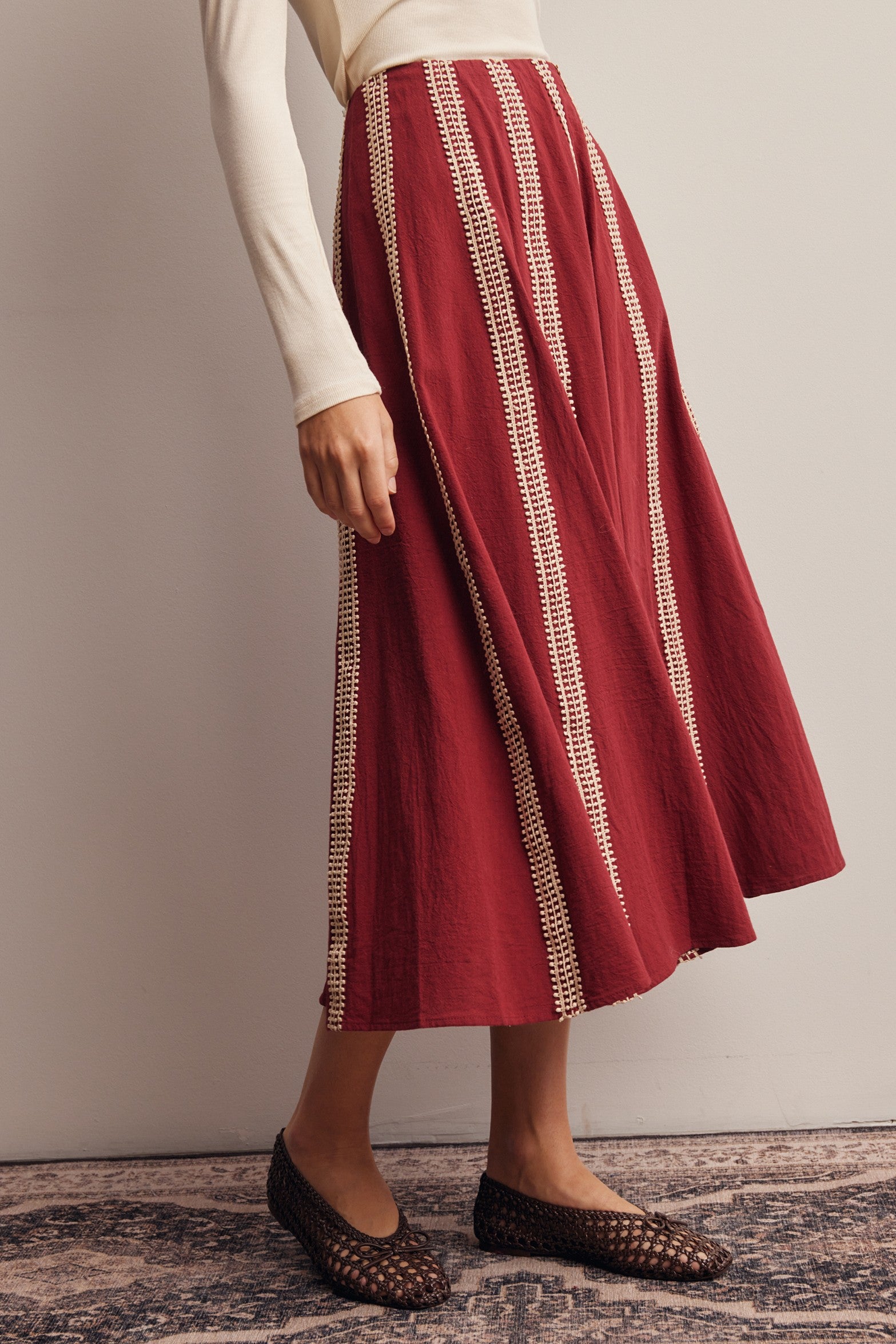 Peregrine Embroidered Stripe Midi Skirt in Burgundy, photo 6