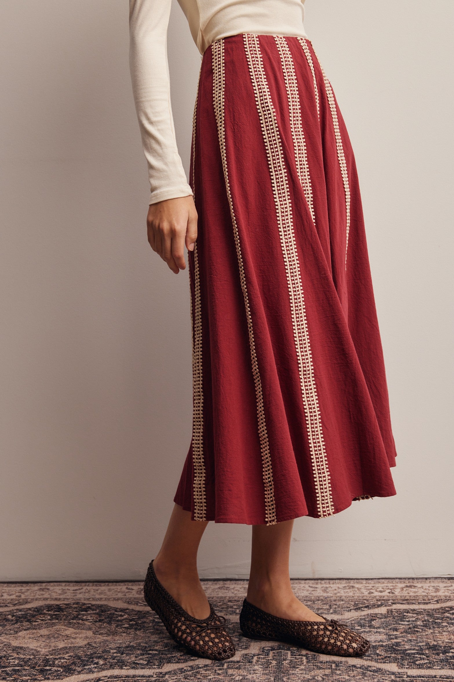 Peregrine Embroidered Stripe Midi Skirt in Burgundy, photo 7