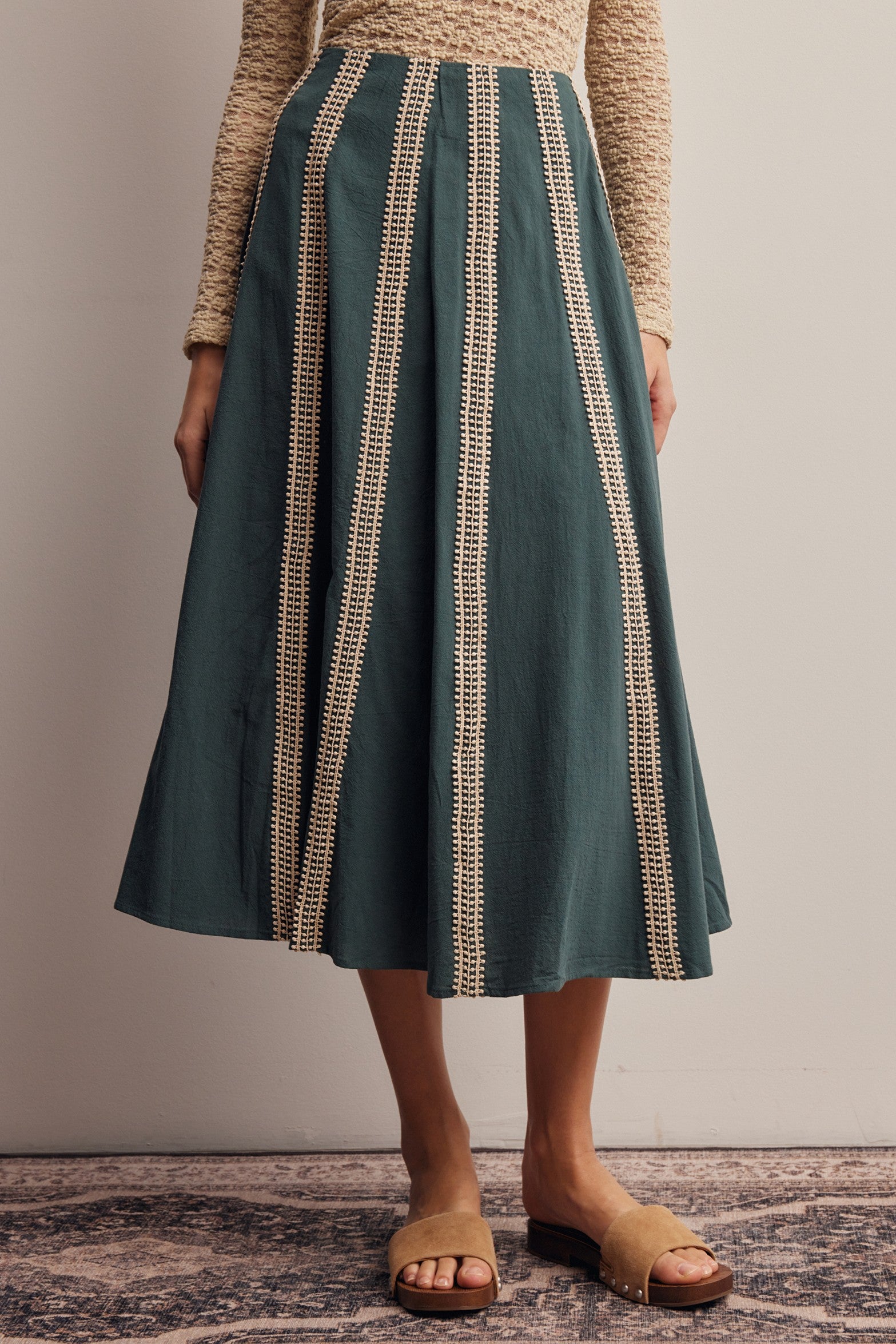Peregrine Embroidered Stripe Midi Skirt in Dark Green, photo 1