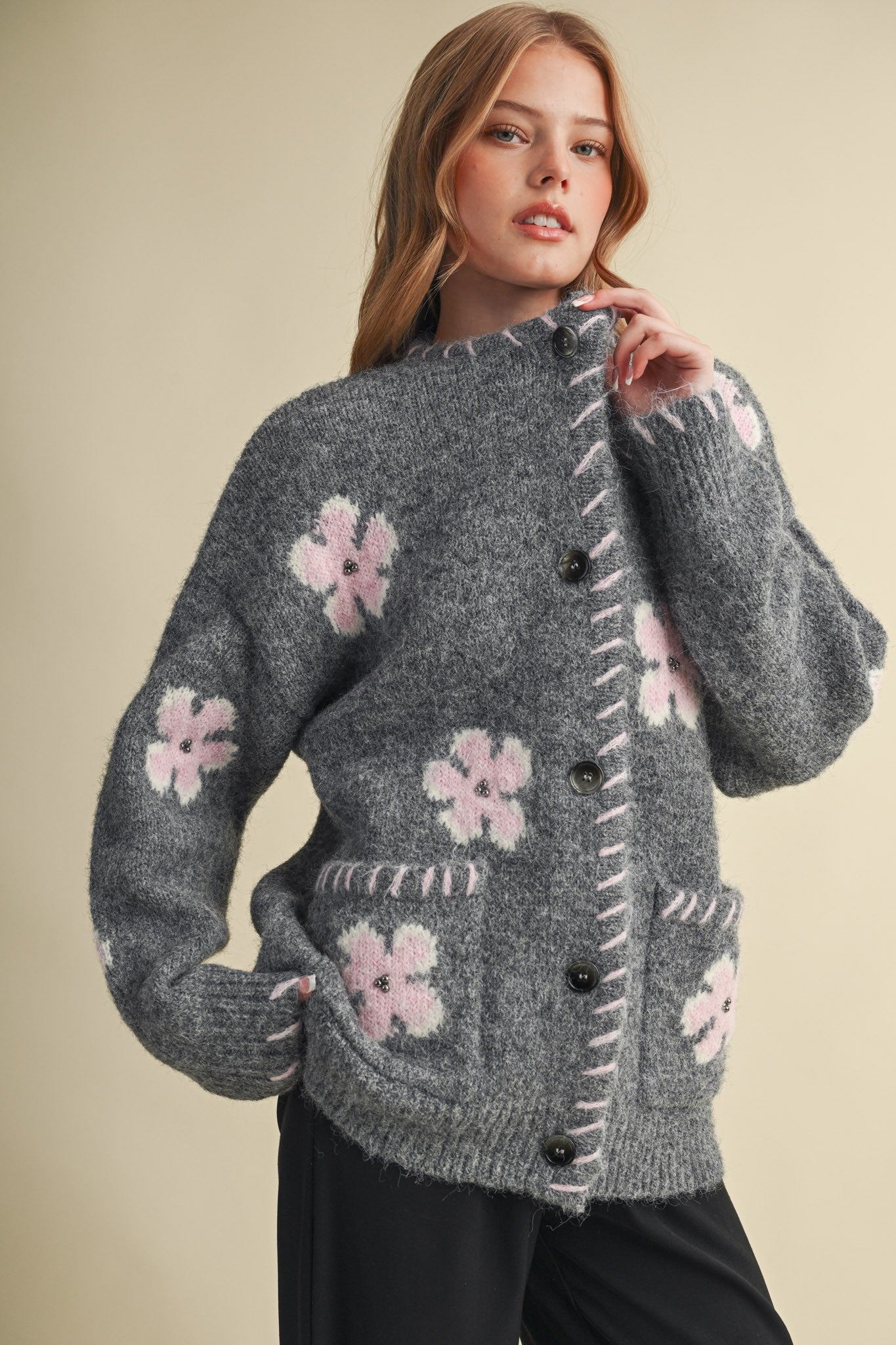 Petal Patches Blanket Stitch Floral Cardigan in Dark Grey Pink, photo 1