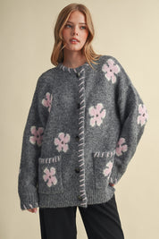 Petal Patches Blanket Stitch Floral Cardigan in Dark Grey Pink, photo 2