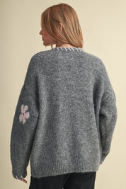 Petal Patches Blanket Stitch Floral Cardigan in Dark Grey Pink, photo 6