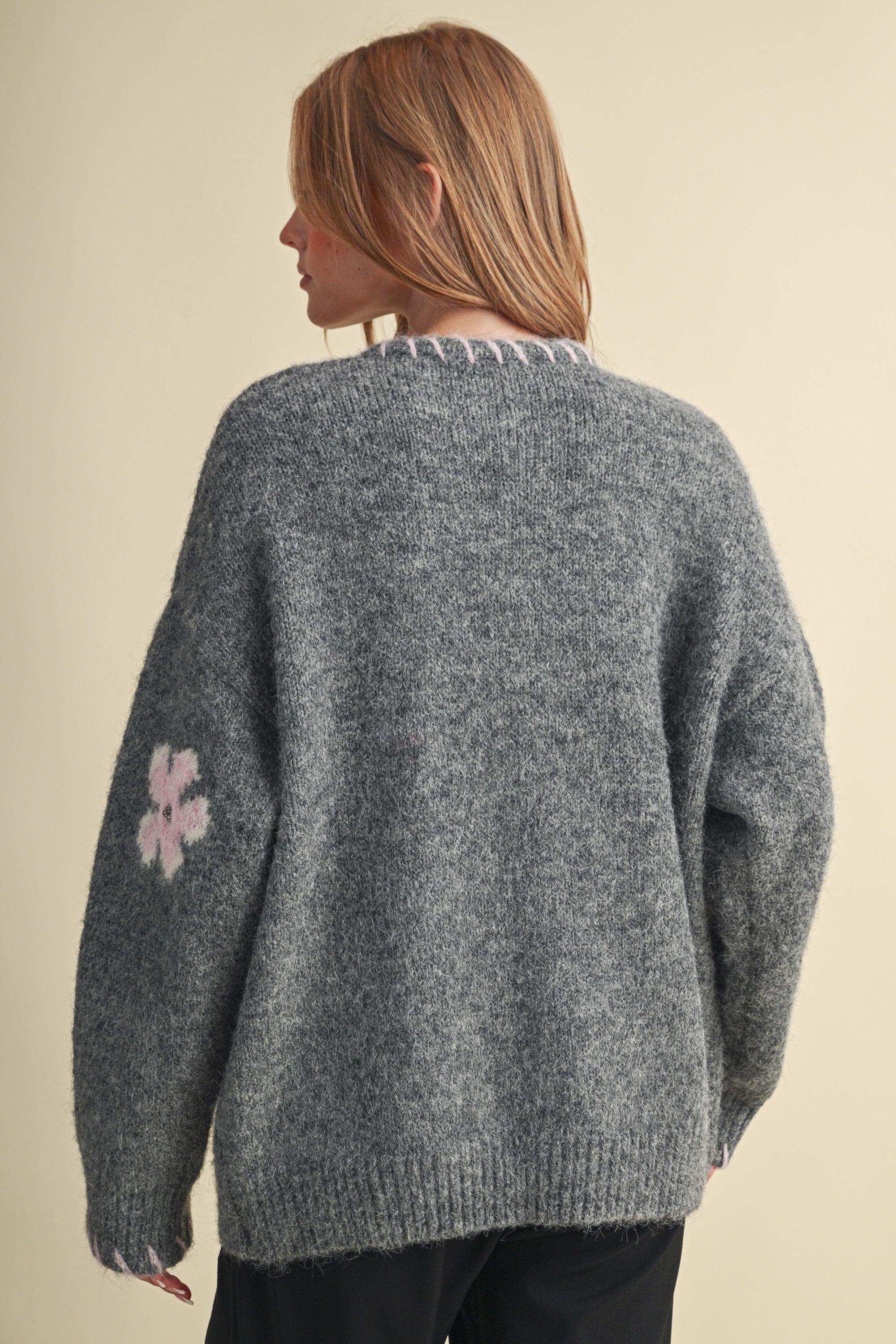 Petal Patches Blanket Stitch Floral Cardigan in Dark Grey Pink, photo 6