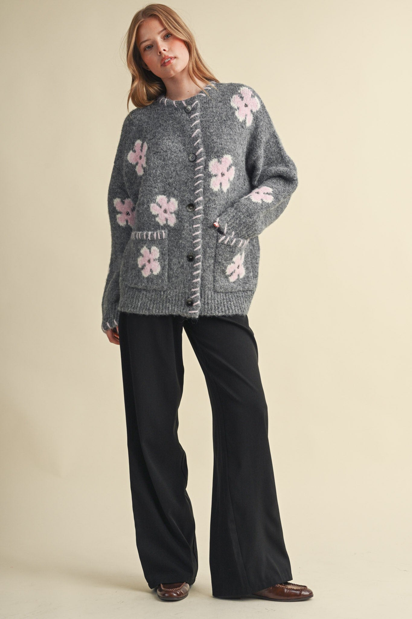 Petal Patches Blanket Stitch Floral Cardigan in Dark Grey Pink, photo 12
