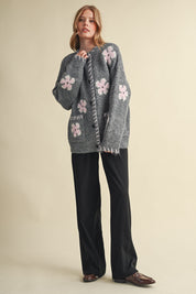 Petal Patches Blanket Stitch Floral Cardigan in Dark Grey Pink, photo 13