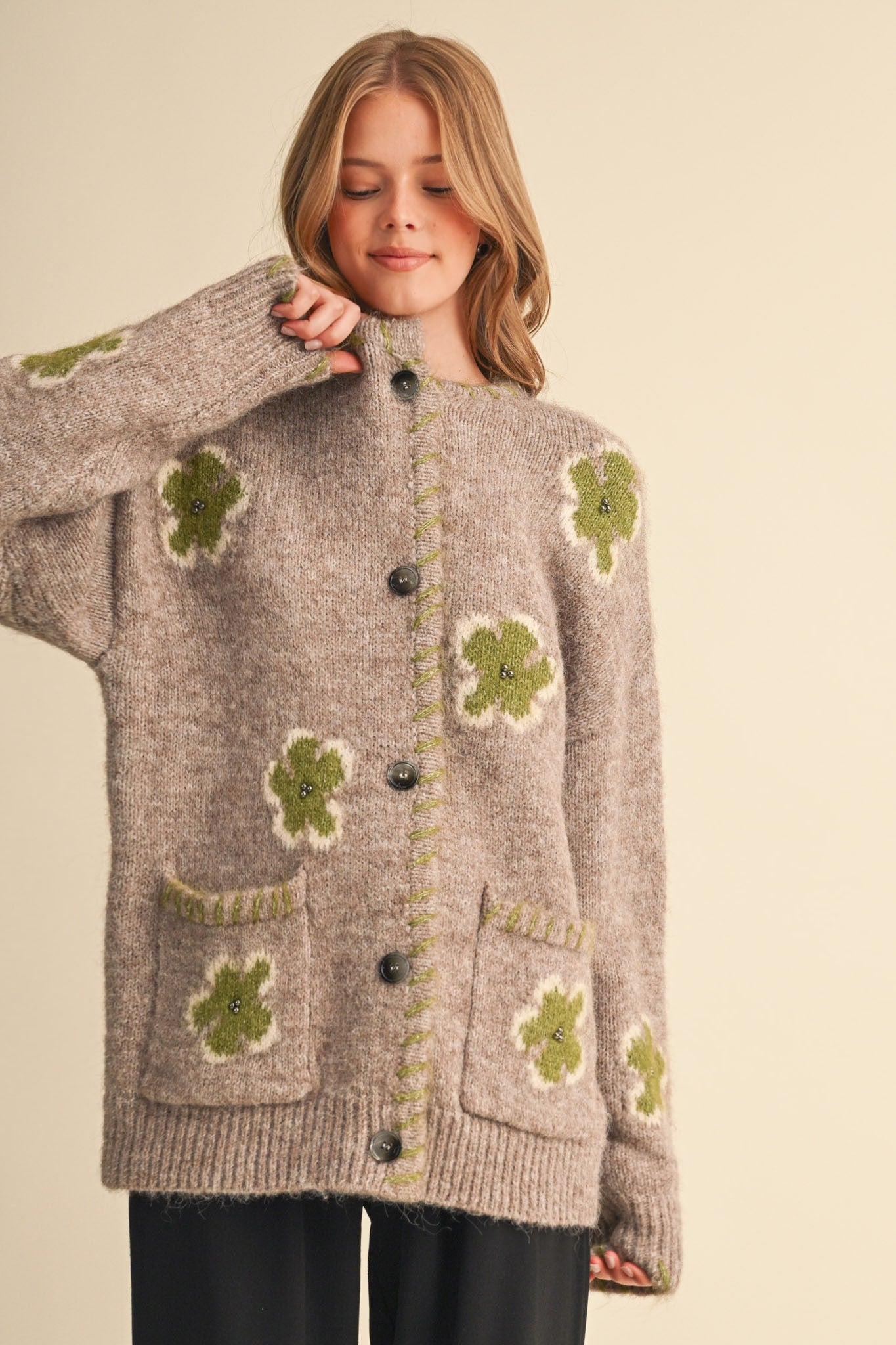 Petal Patches Blanket Stitch Floral Cardigan in Mocha Lime, photo 3