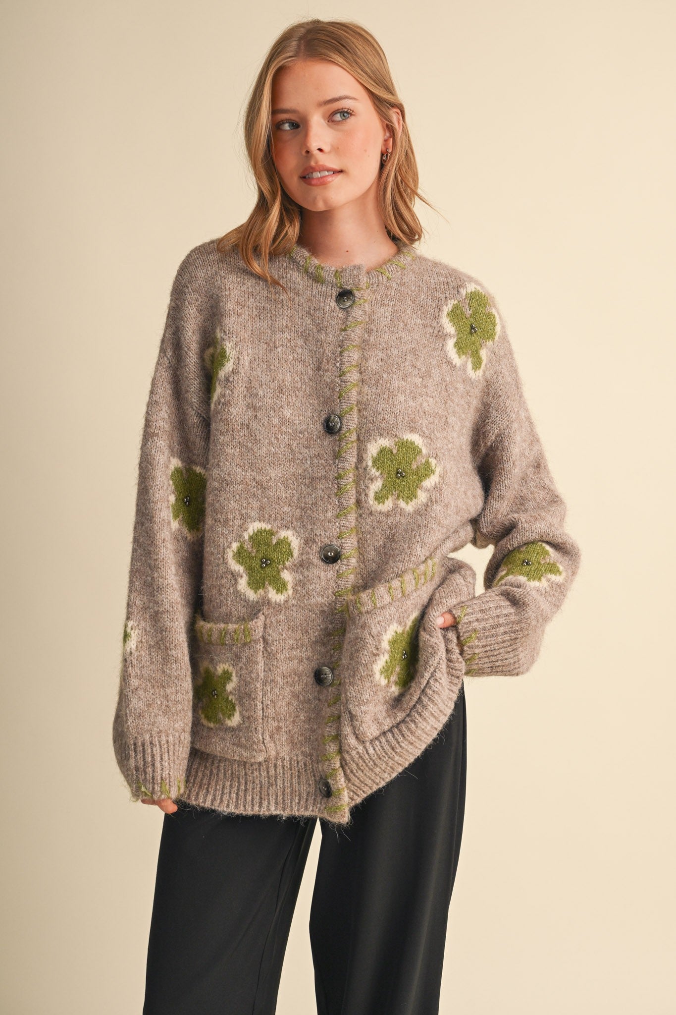 Petal Patches Blanket Stitch Floral Cardigan in Mocha Lime, photo 5