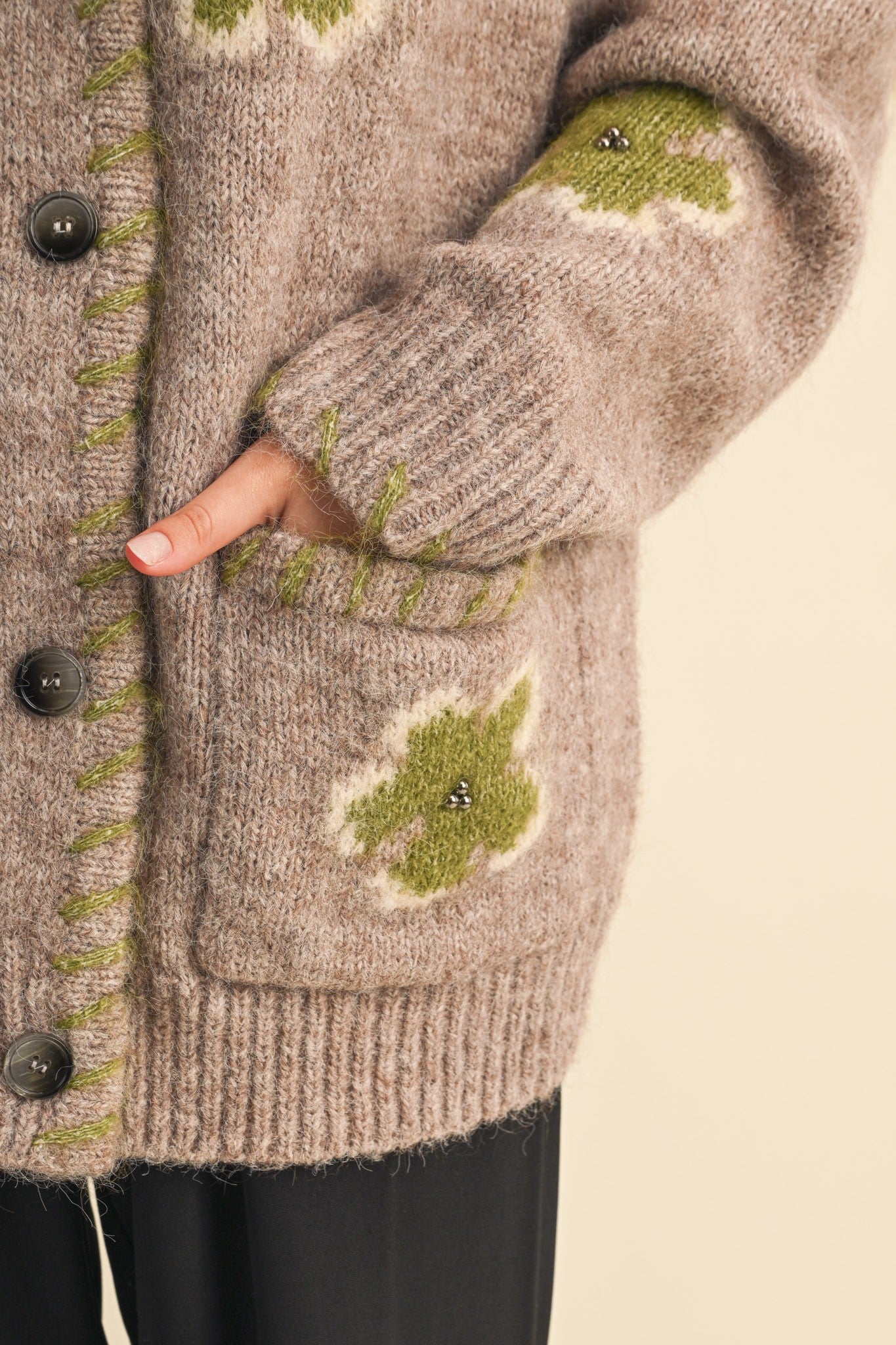 Petal Patches Blanket Stitch Floral Cardigan in Mocha Lime, photo 10