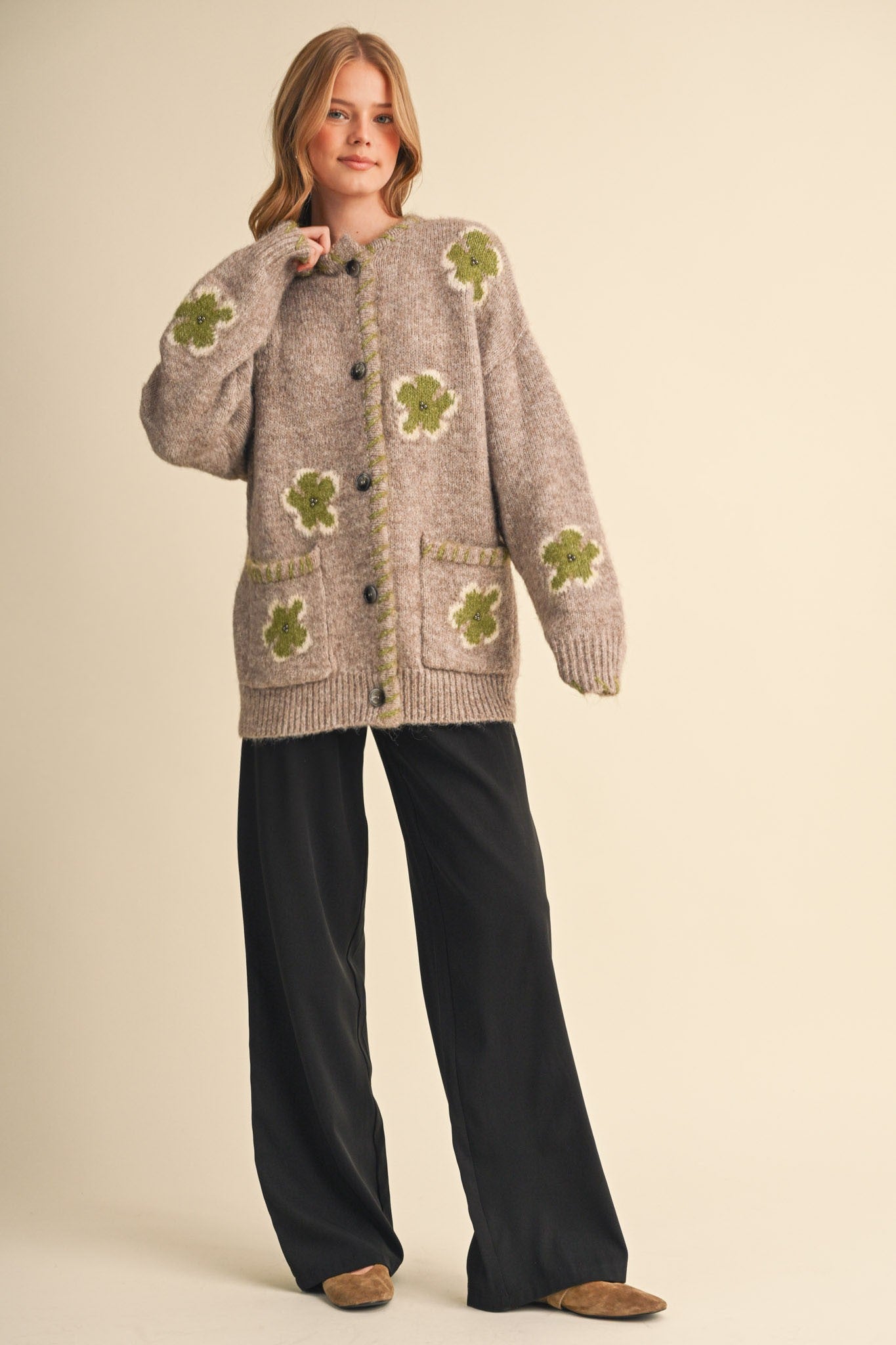 Petal Patches Blanket Stitch Floral Cardigan in Mocha Lime, photo 11