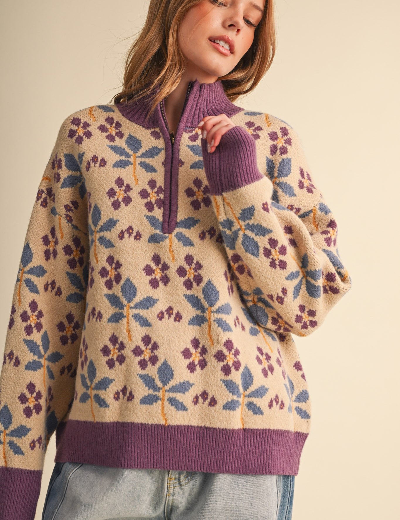 Petal Quarter Floral Half-Zip Sweater in Beige Plum - product photo 1