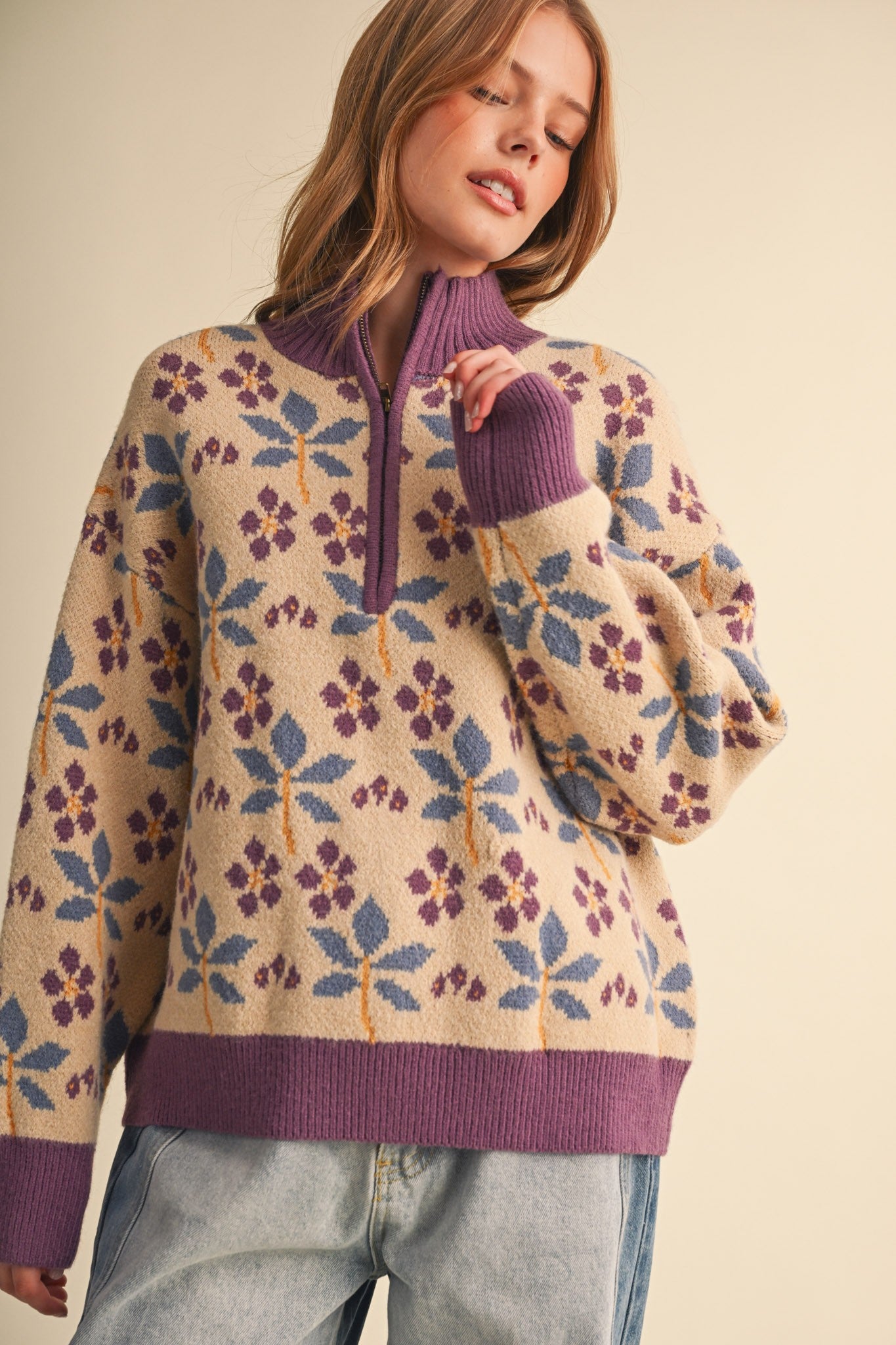 Petal Quarter Floral Half-Zip Sweater in Beige Plum - product photo 1