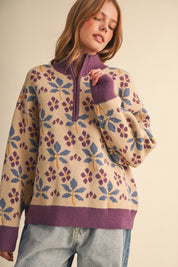 Petal Quarter Floral Half-Zip Sweater in Beige Plum - product photo 1