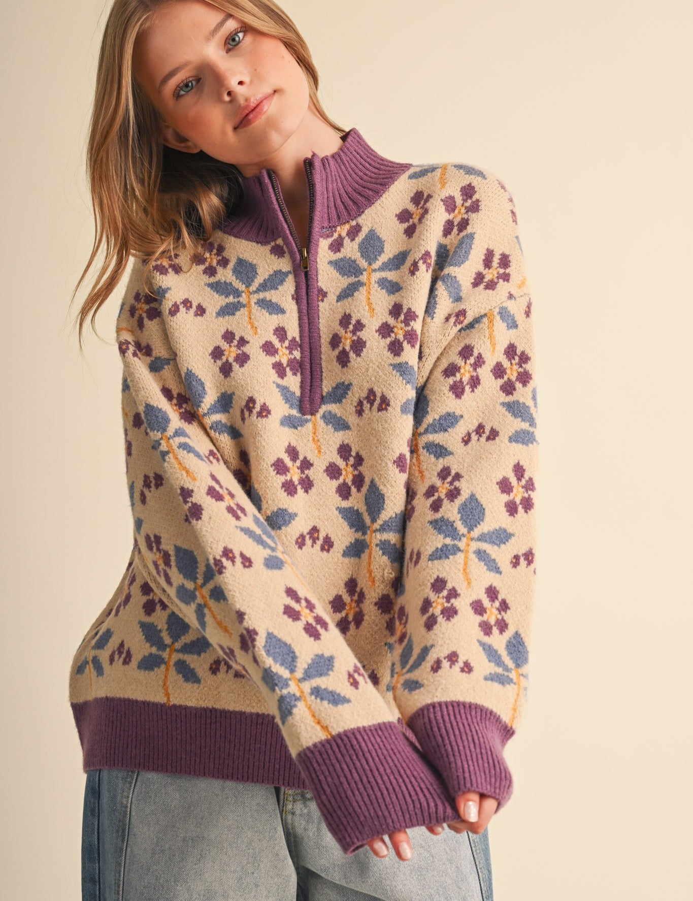 Petal Quarter Floral Half-Zip Sweater in Beige Plum - product photo 2