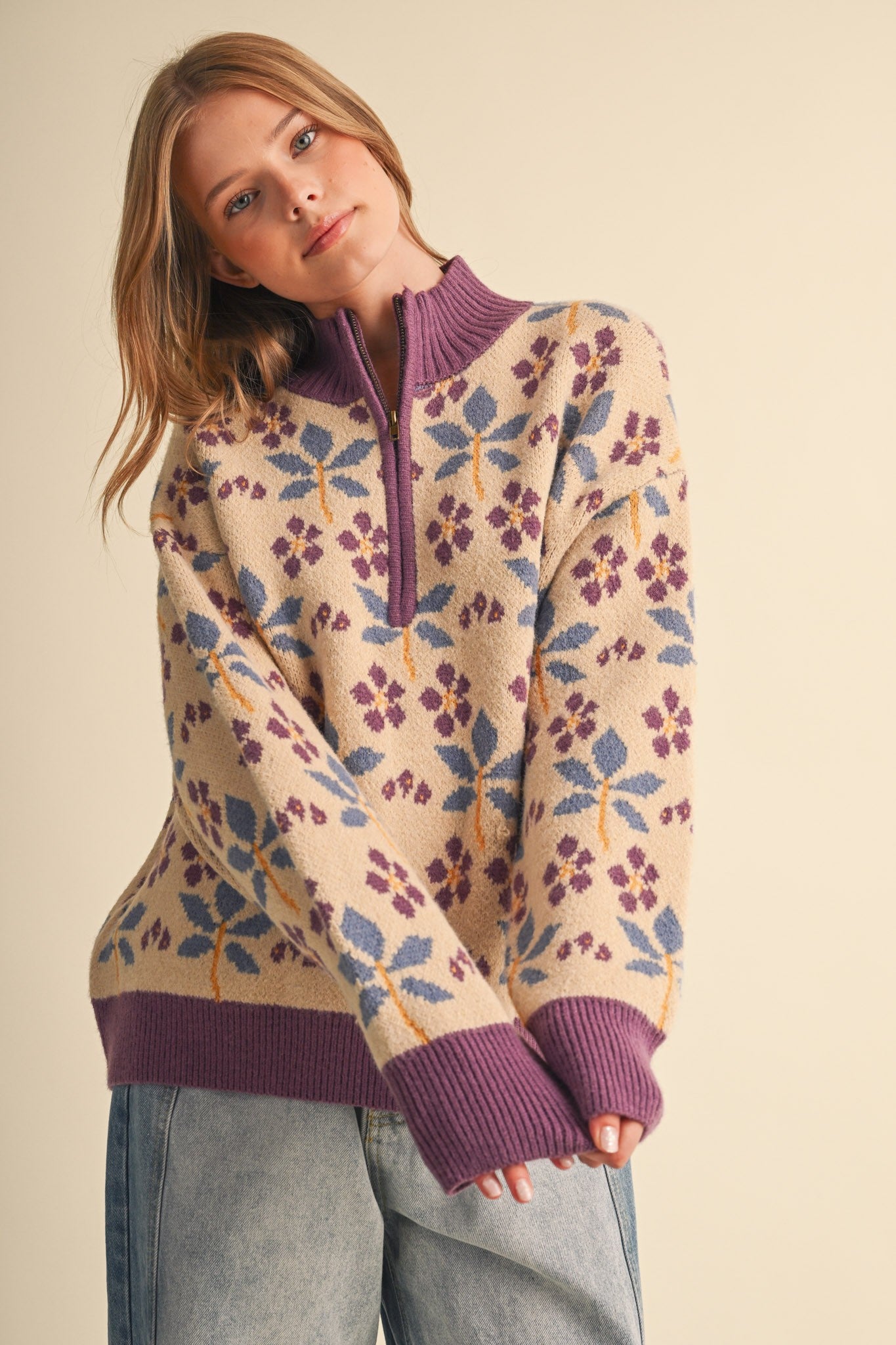 Petal Quarter Floral Half-Zip Sweater in Beige Plum - product photo 2