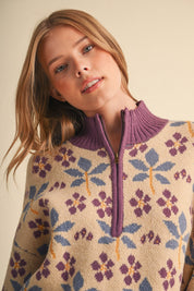 Petal Quarter Floral Half-Zip Sweater in Beige Plum - product photo 3