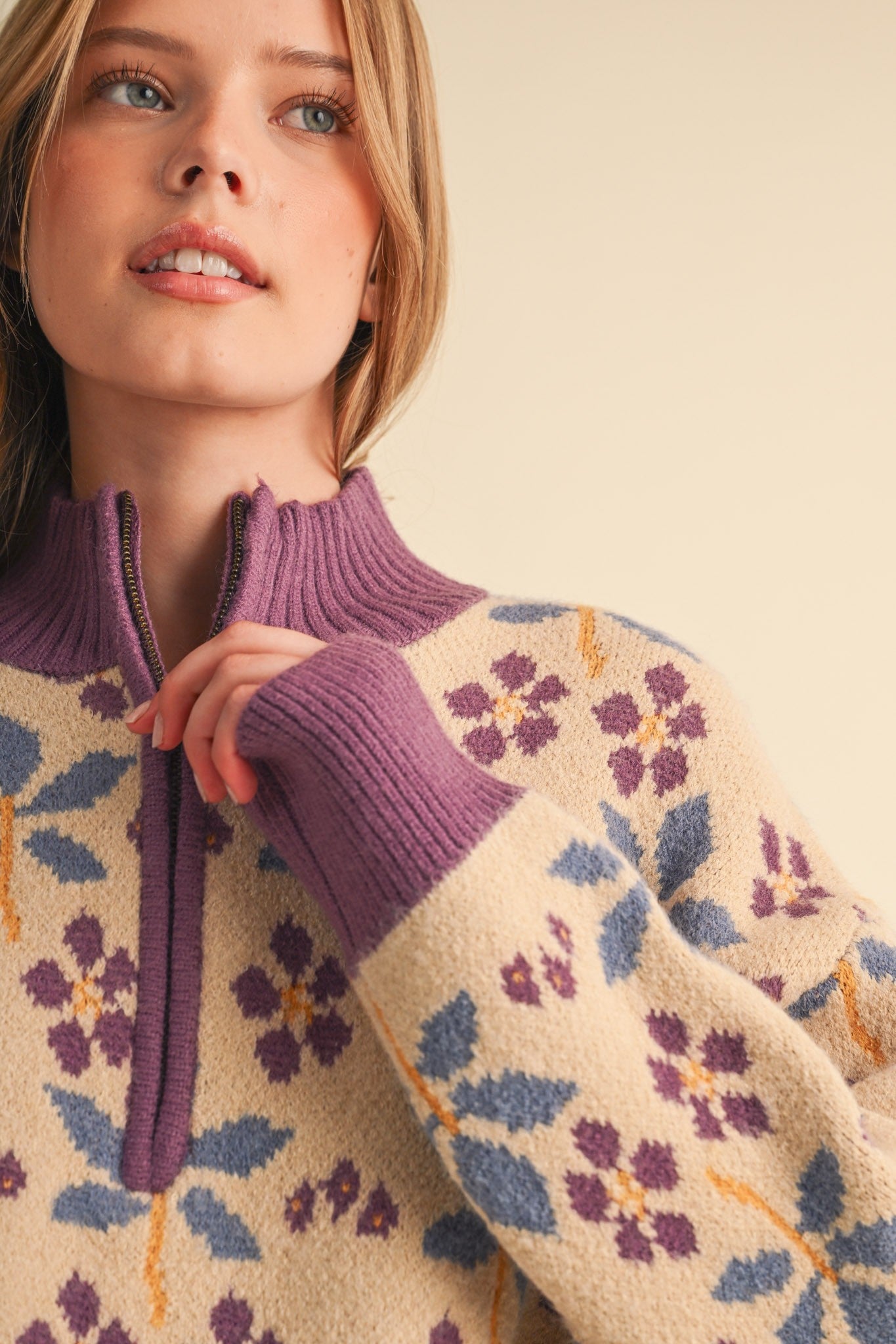 Petal Quarter Floral Half-Zip Sweater in Beige Plum - product photo 4