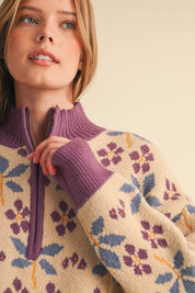 Petal Quarter Floral Half-Zip Sweater in Beige Plum - product photo 4