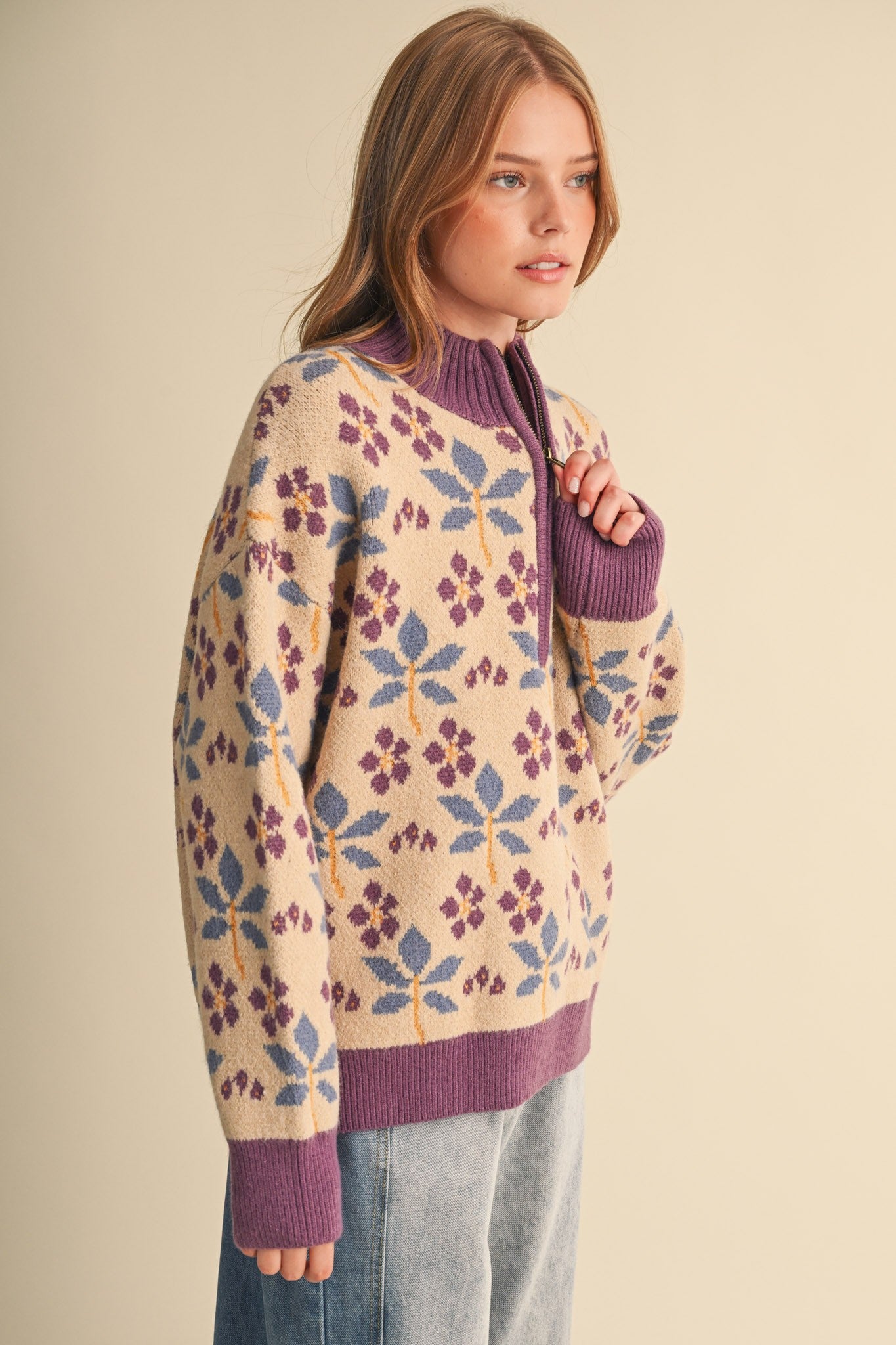 Petal Quarter Floral Half-Zip Sweater in Beige Plum - product photo 5