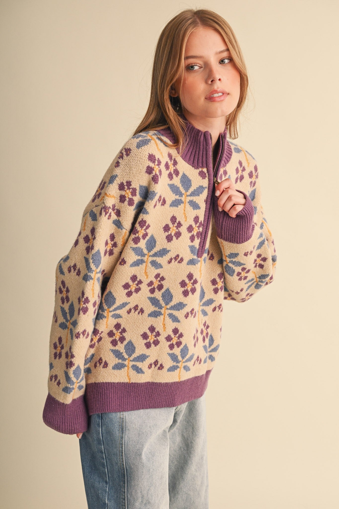 Petal Quarter Floral Half-Zip Sweater in Beige Plum - product photo 6