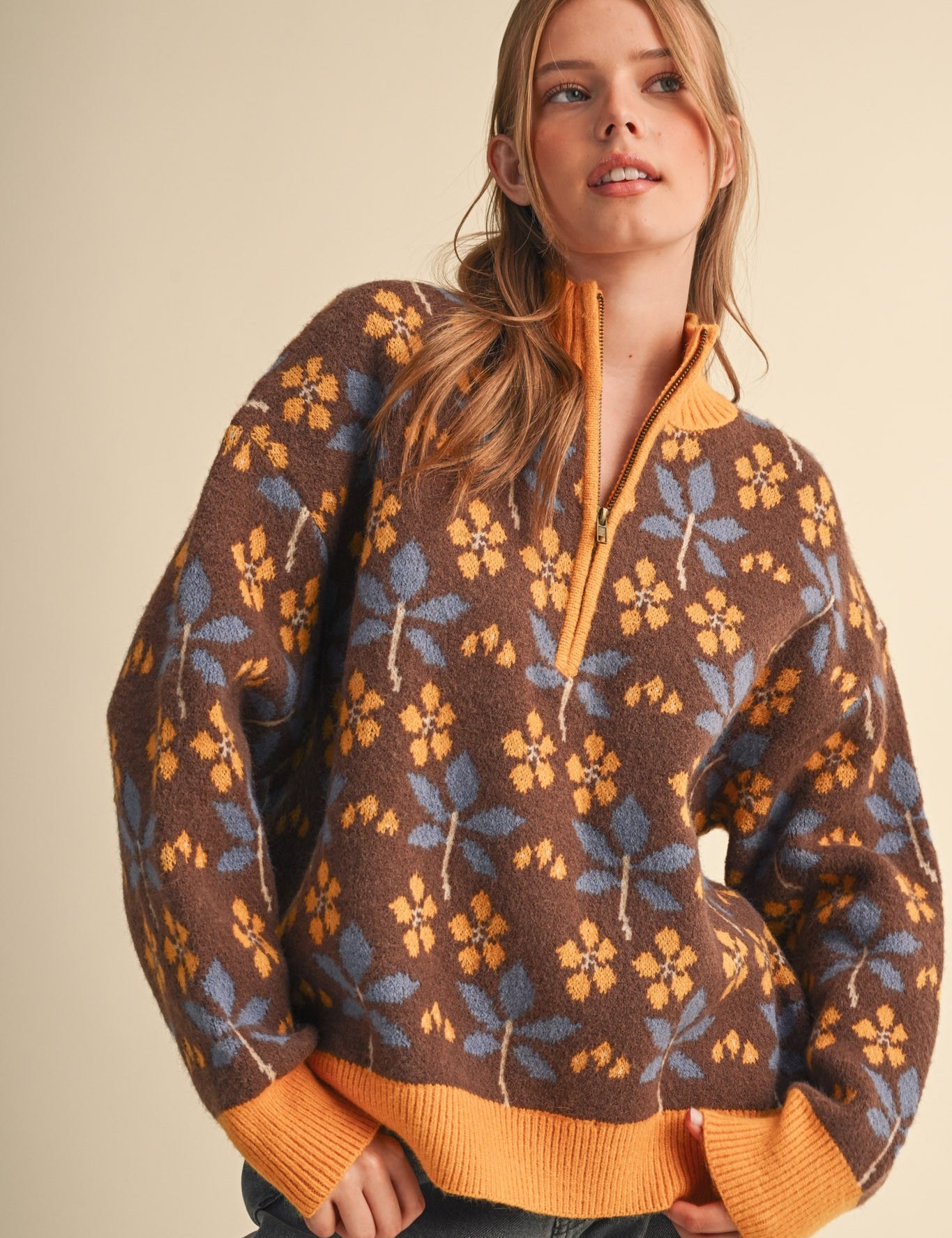 Petal Quarter Floral Half-Zip Sweater in Brown Butter - product photo 1