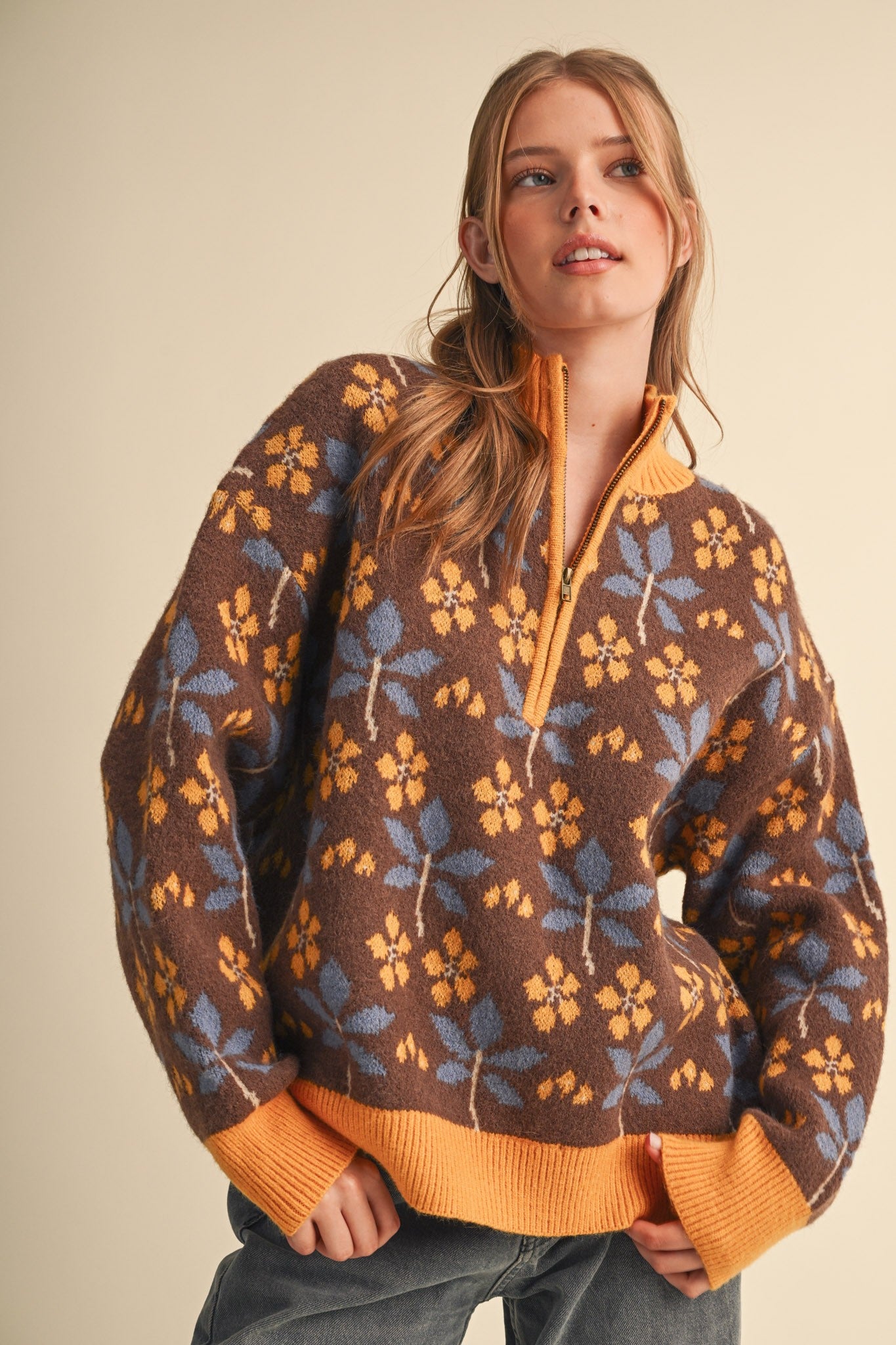 Petal Quarter Floral Half-Zip Sweater in Brown Butter - product photo 1