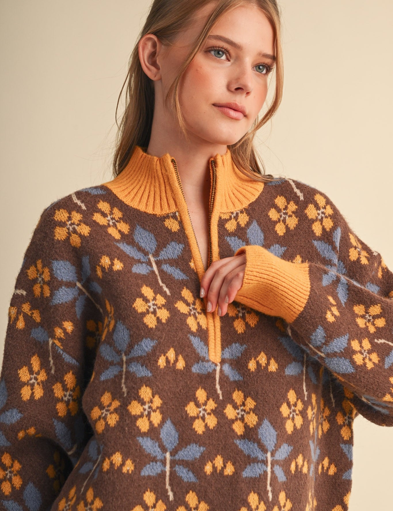 Petal Quarter Floral Half-Zip Sweater in Brown Butter - product photo 2