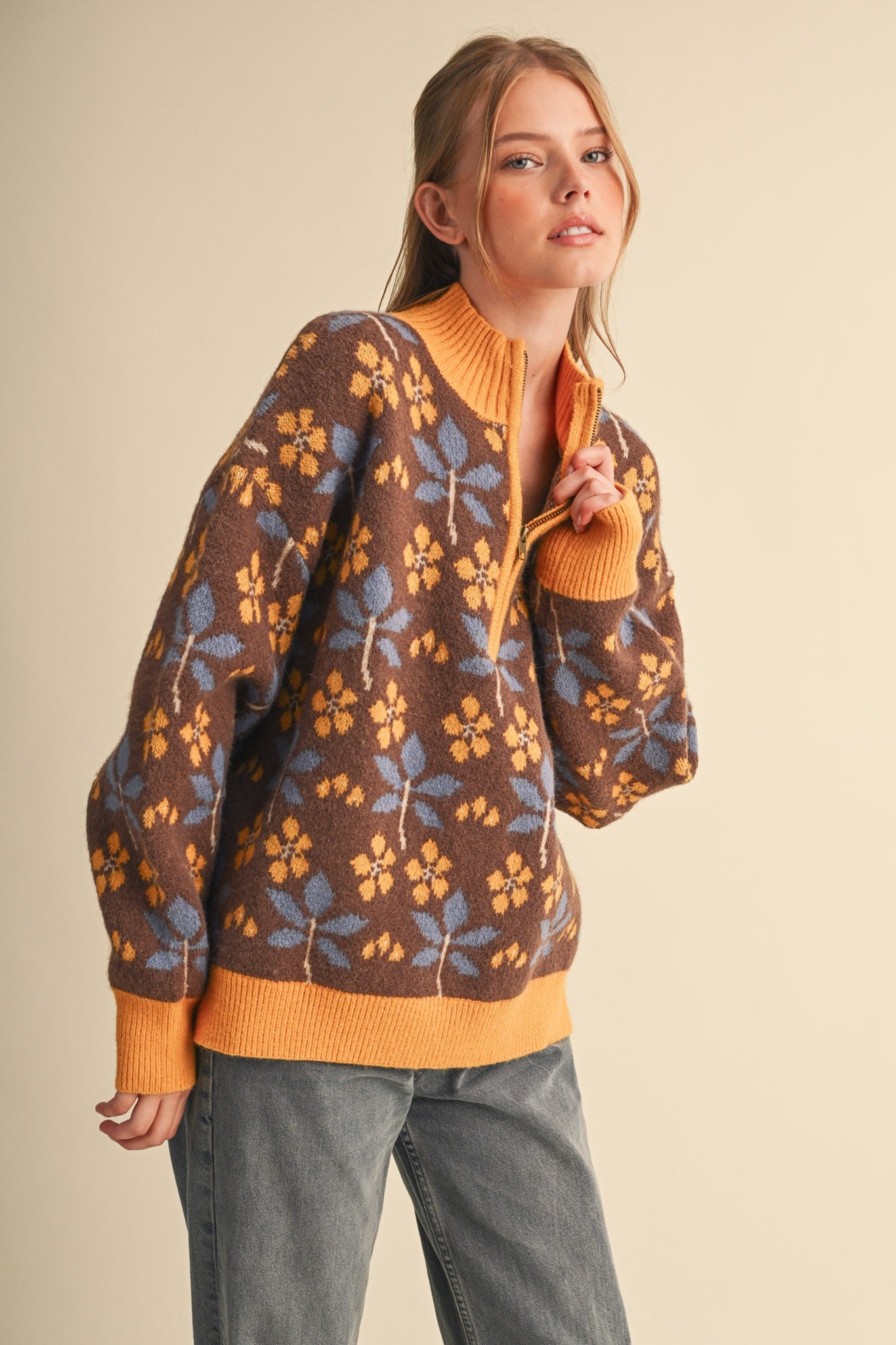 Petal Quarter Floral Half-Zip Sweater in Brown Butter - product photo 5