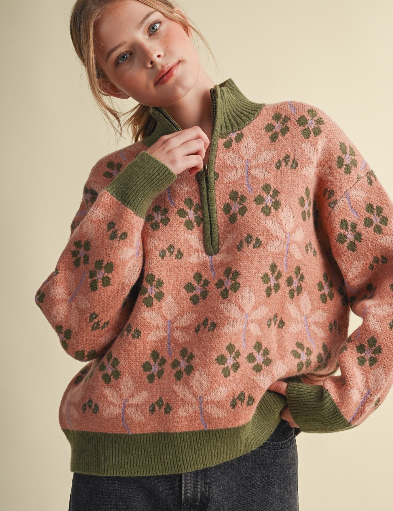 Petal Quarter Floral Half-Zip Sweater in Mauve Olive - product photo 1