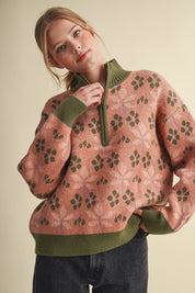 Petal Quarter Floral Half-Zip Sweater in Mauve Olive - product photo 1