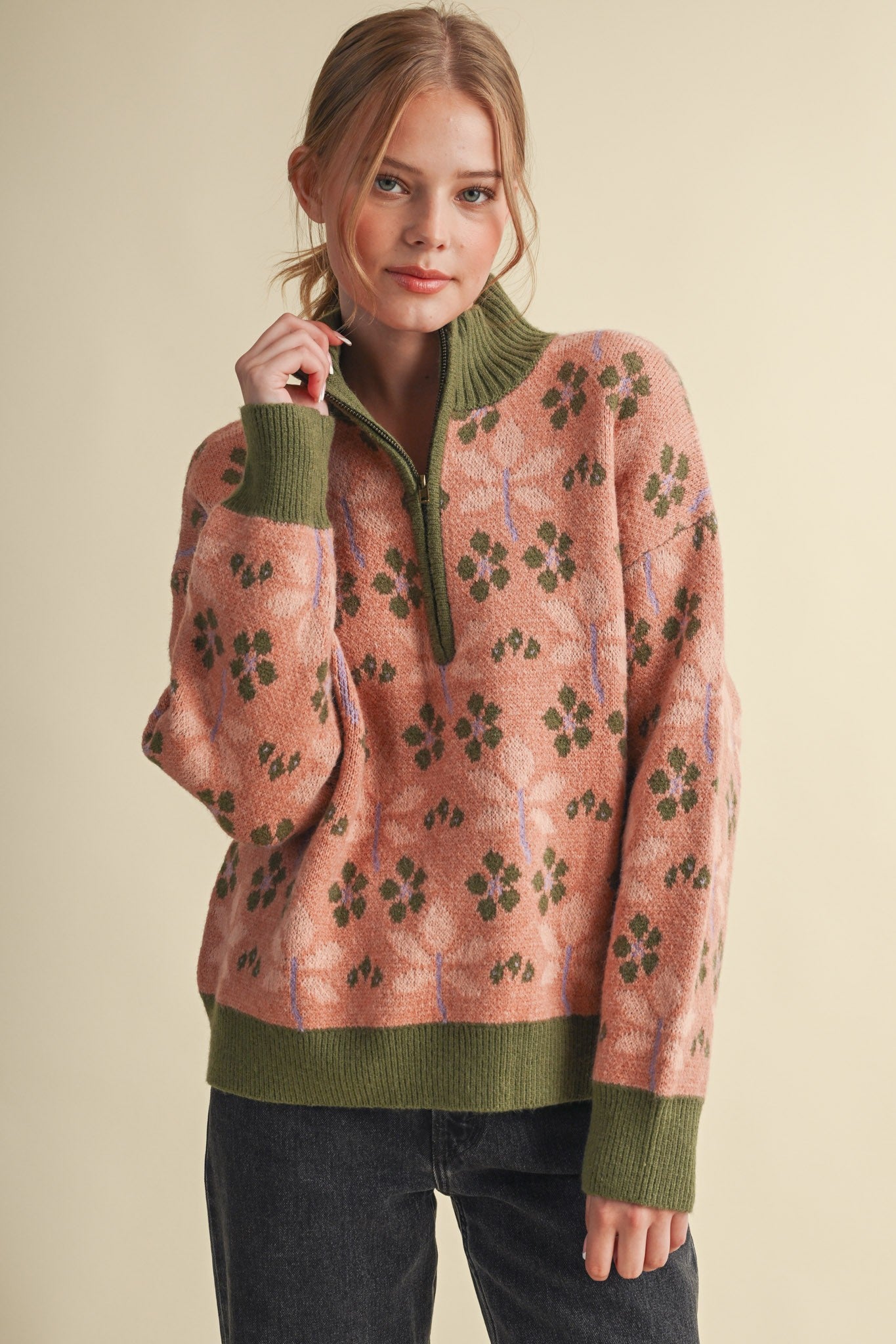 Petal Quarter Floral Half-Zip Sweater in Mauve Olive - product photo 2
