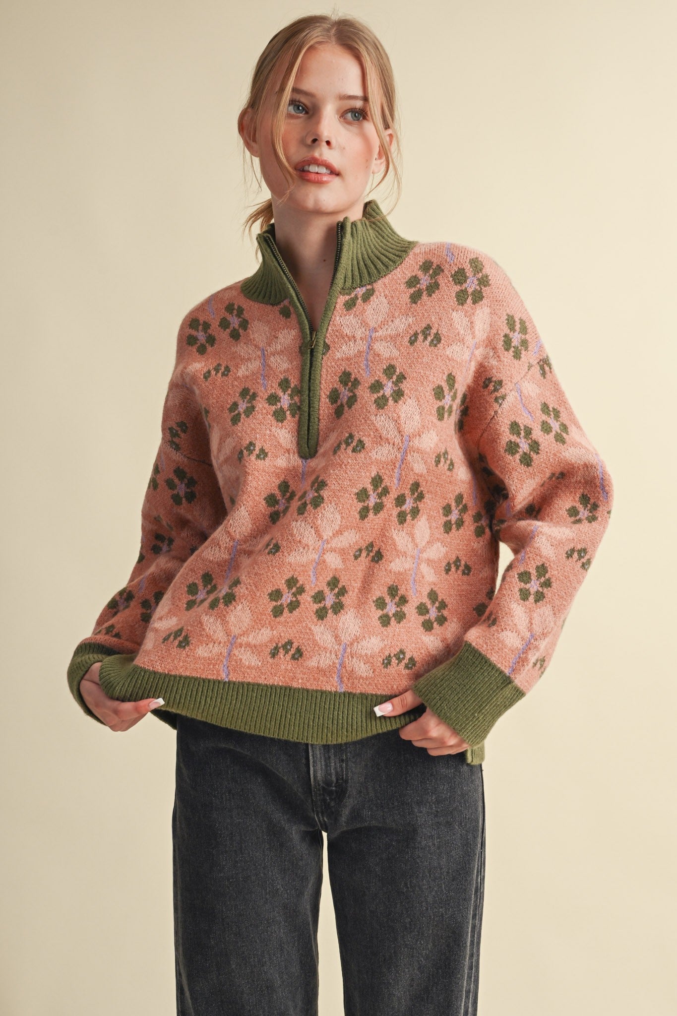 Petal Quarter Floral Half-Zip Sweater in Mauve Olive - product photo 3