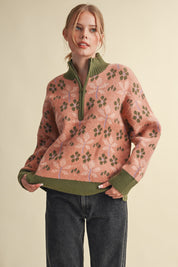 Petal Quarter Floral Half-Zip Sweater in Mauve Olive - product photo 3