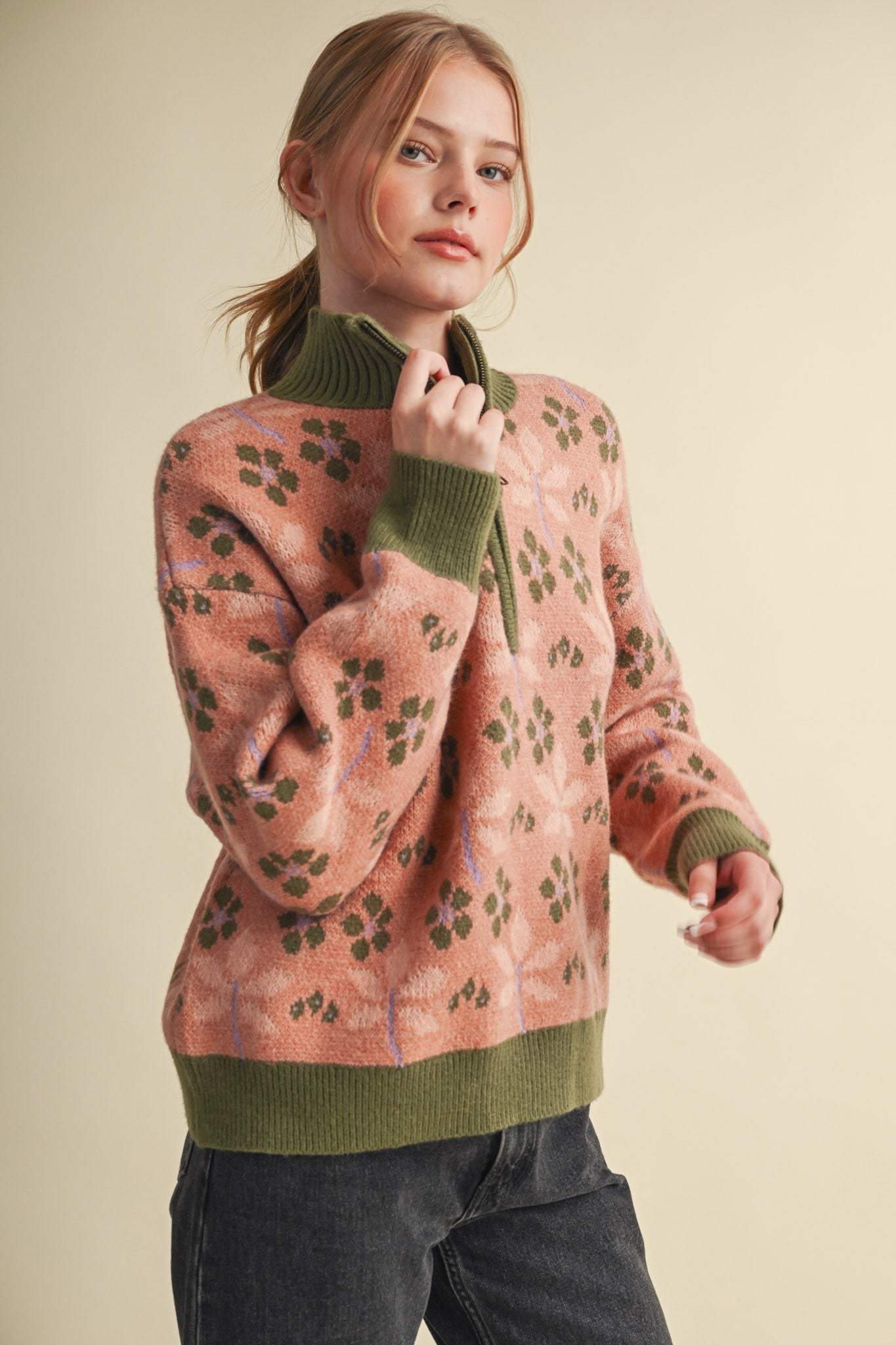 Petal Quarter Floral Half-Zip Sweater in Mauve Olive - product photo 6