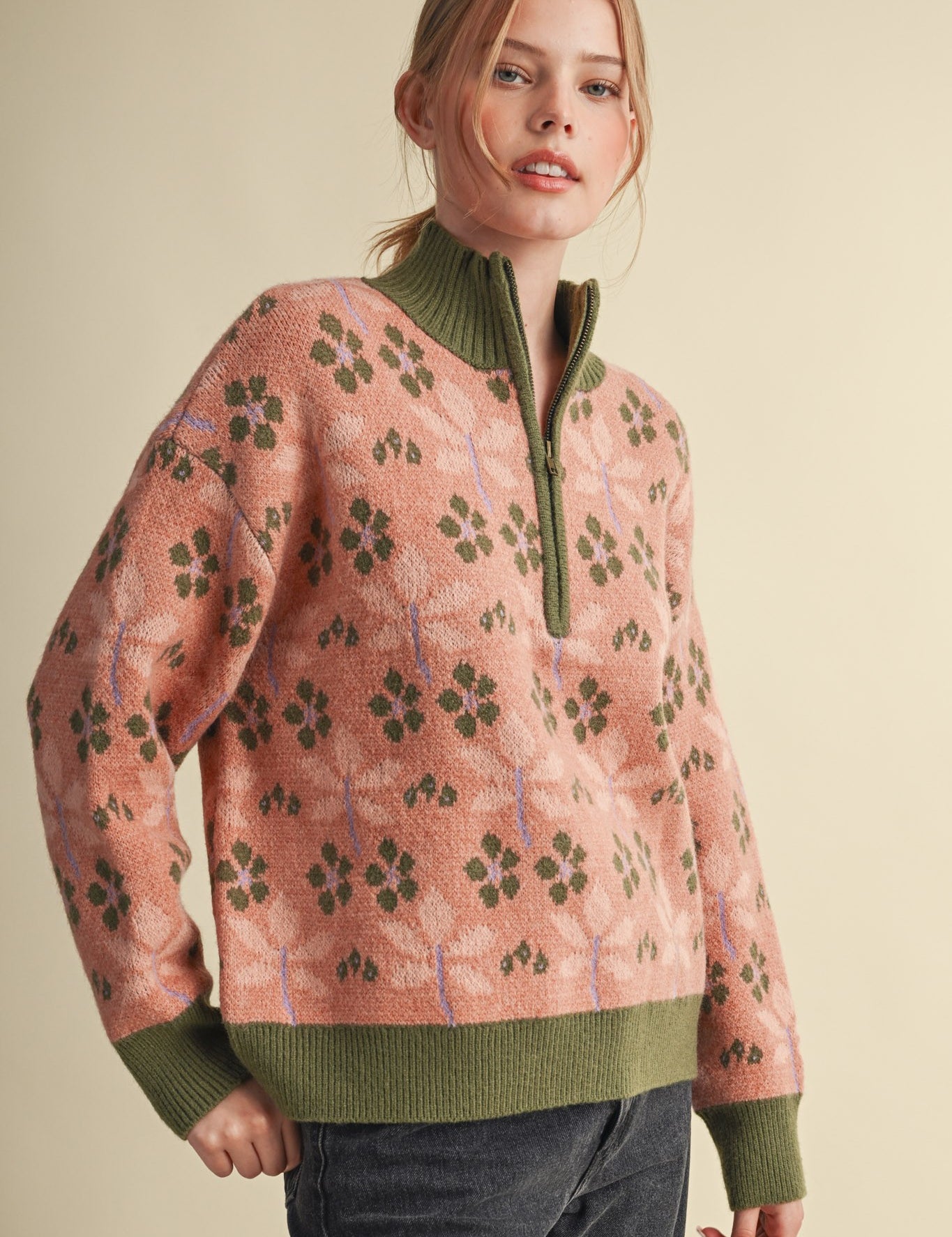Petal Quarter Floral Half-Zip Sweater in Mauve Olive - product photo 7