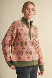 Petal Quarter Floral Half-Zip Sweater in Mauve Olive - product photo 7